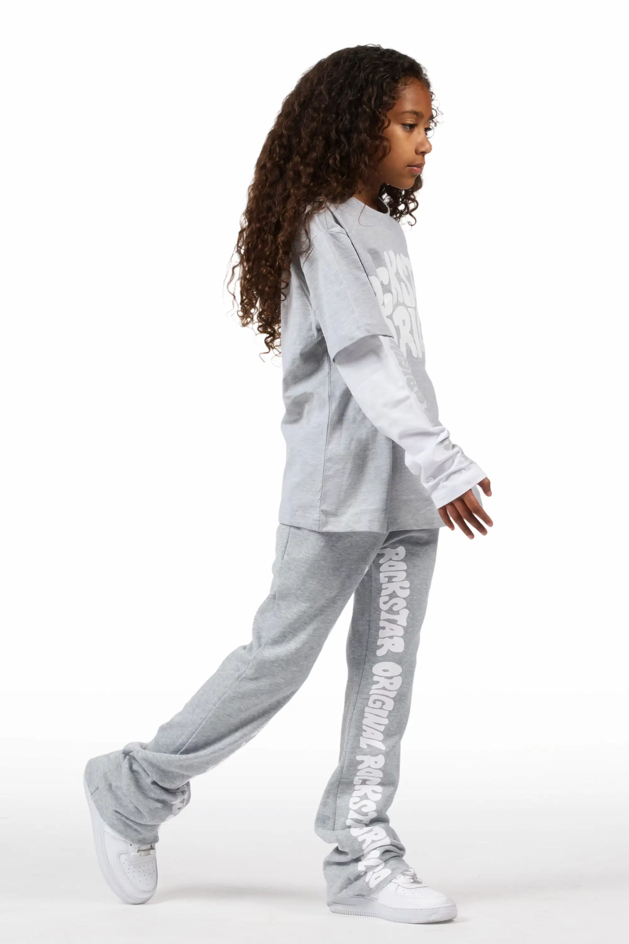 Girls Monique Grey Double Layer T-Shirt Stacked Flare Track Pant Set - Image 3