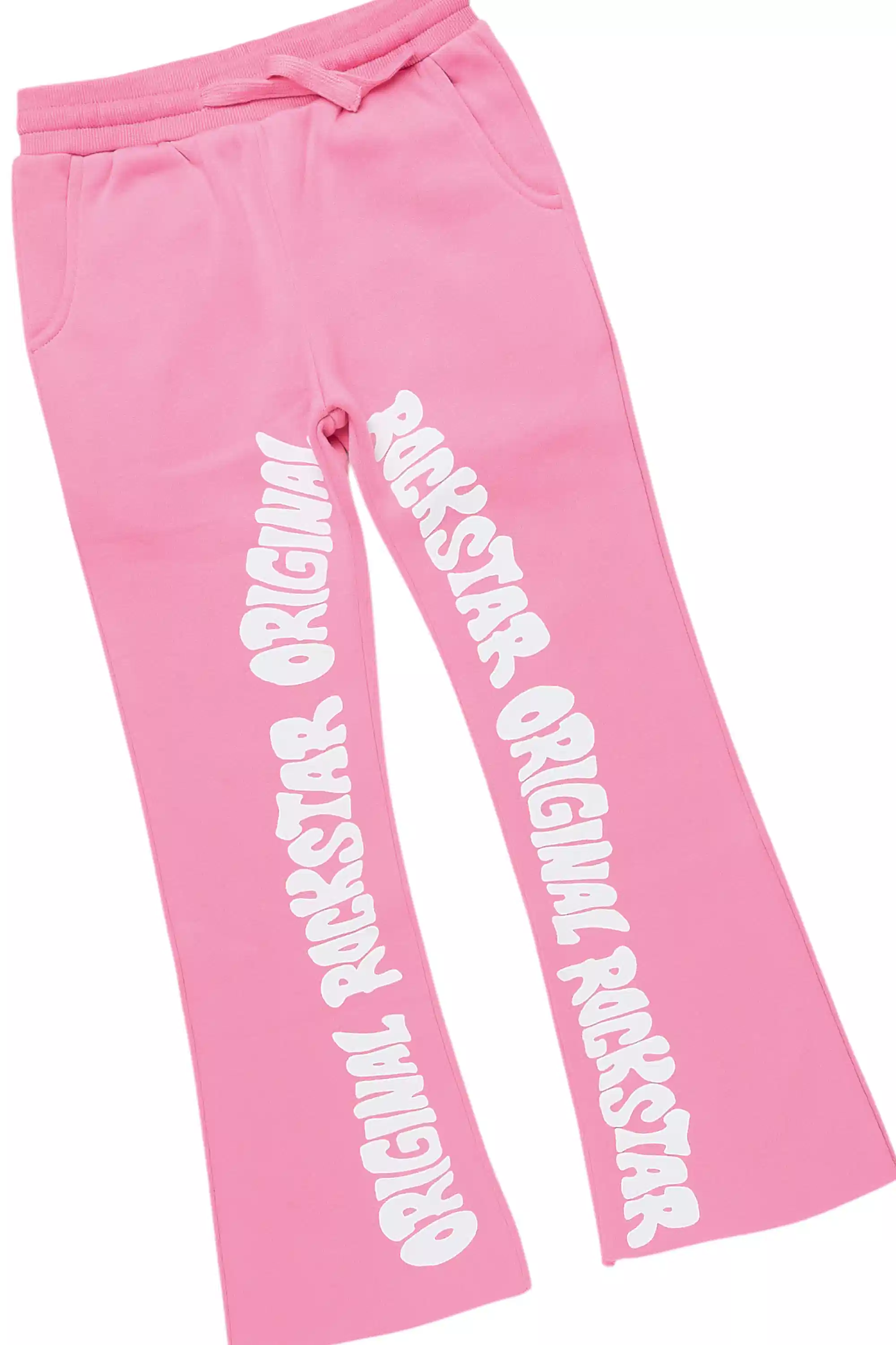 Girls Monique Pink Double Layer T-Shirt Stacked Flare Track Pant Set - Image 3