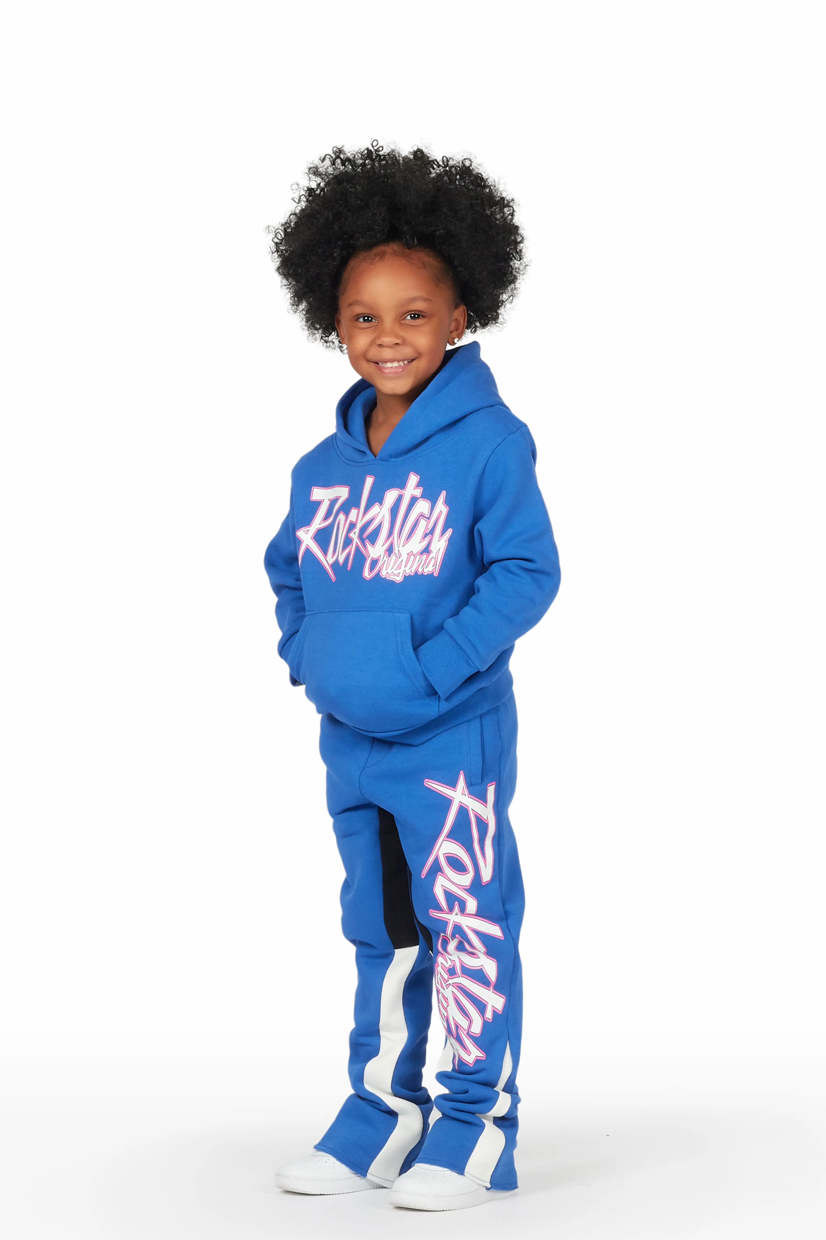 Girls Kalie Royal Blue Hoodie Stacked Flare Track Set - Image 3