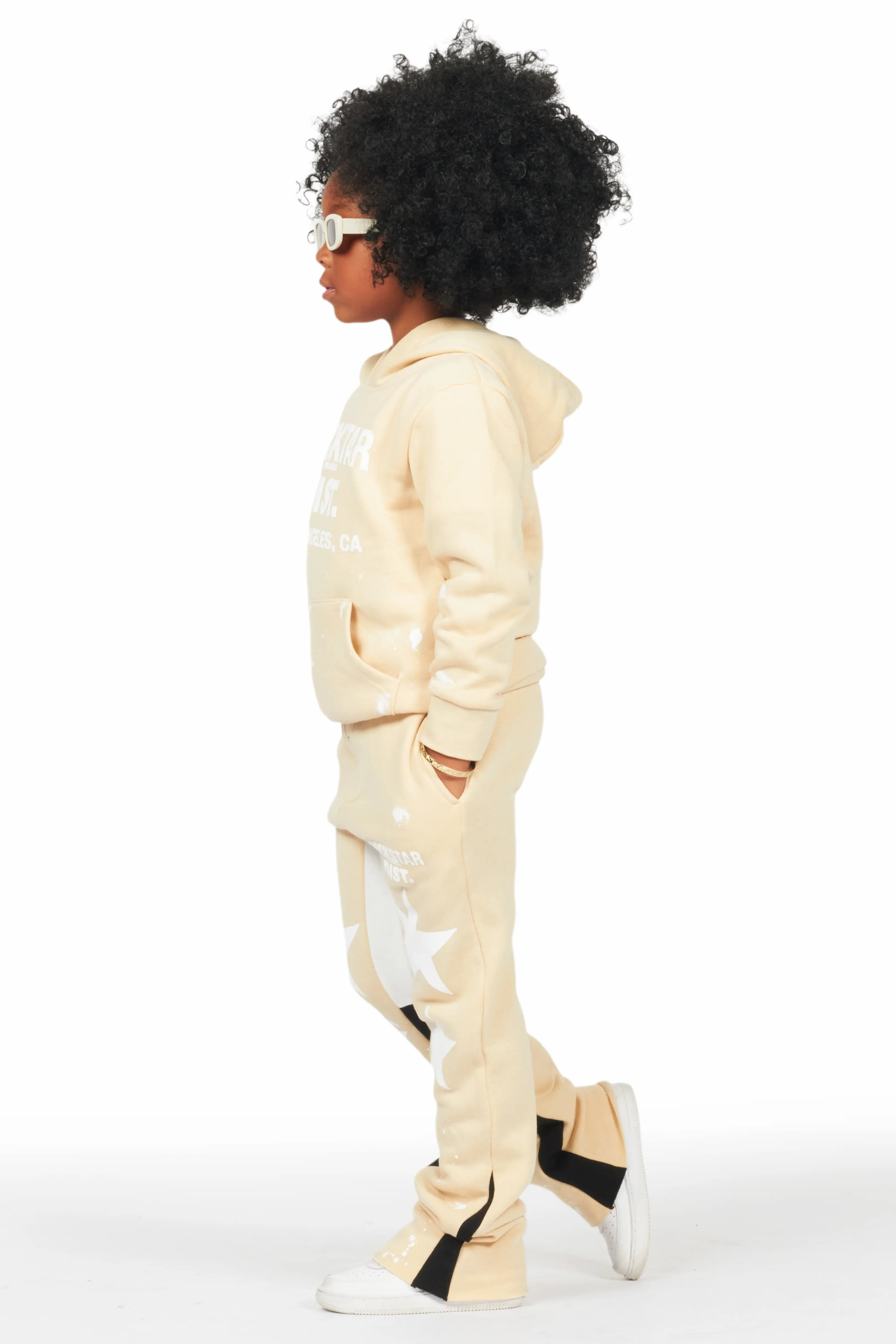 Girls Harlow Beige Hoodie Stacked Flare Track Set - Image 3