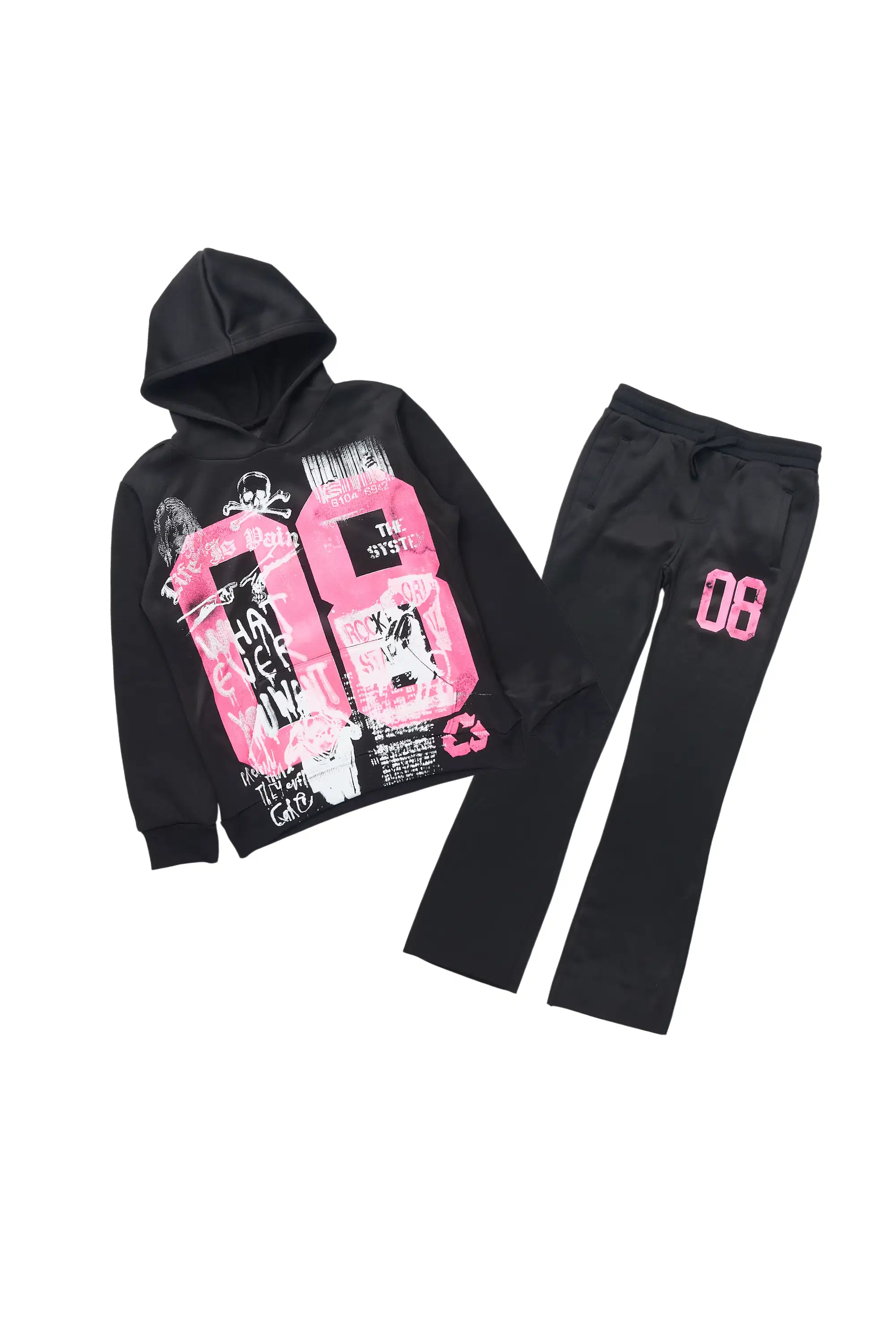 Girls Kammy 2.0 Heather Black/Pink Hoodie/Stacked Flare Track Set