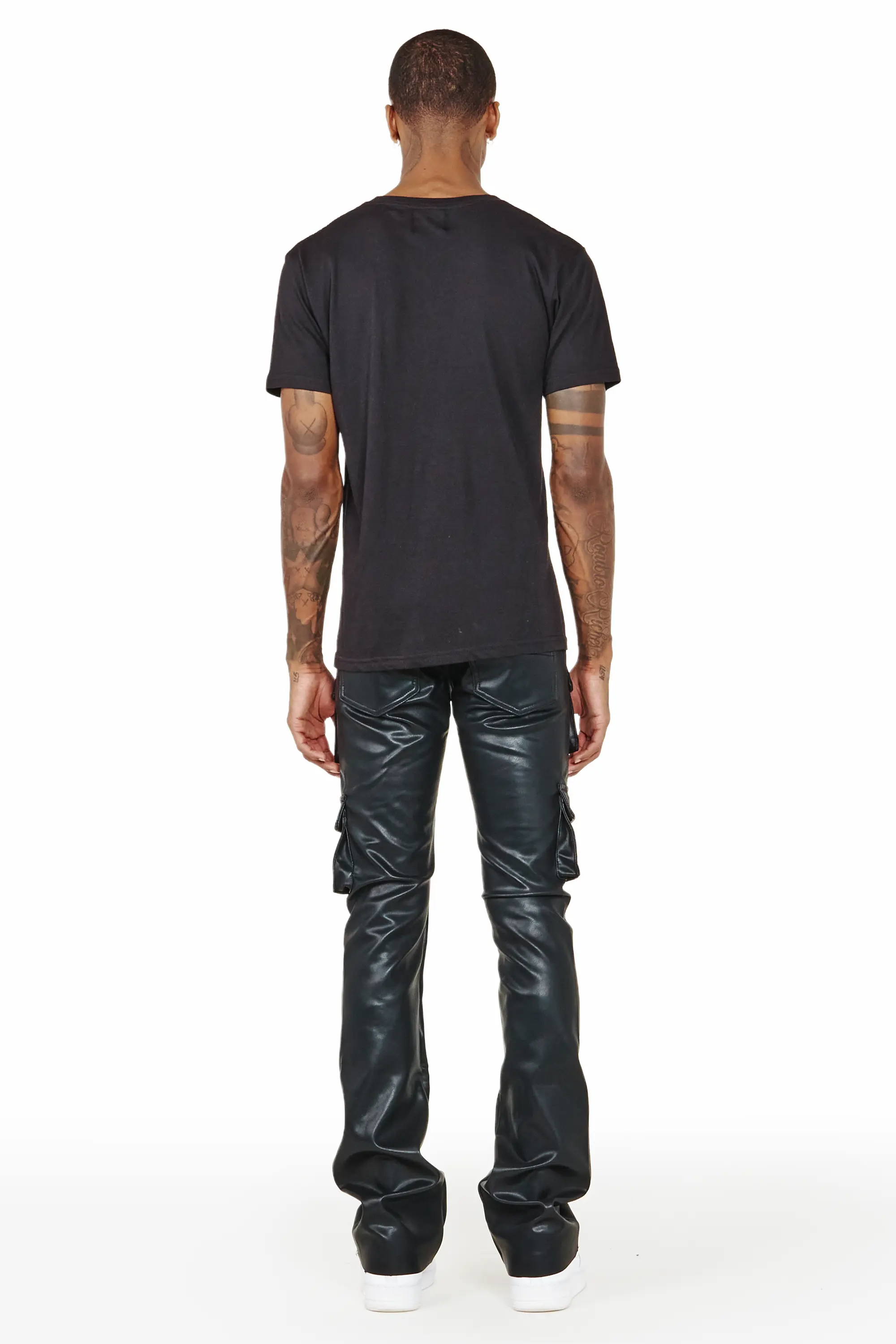 Khaza Black Faux Leather Stacked Flare Jean - Image 4