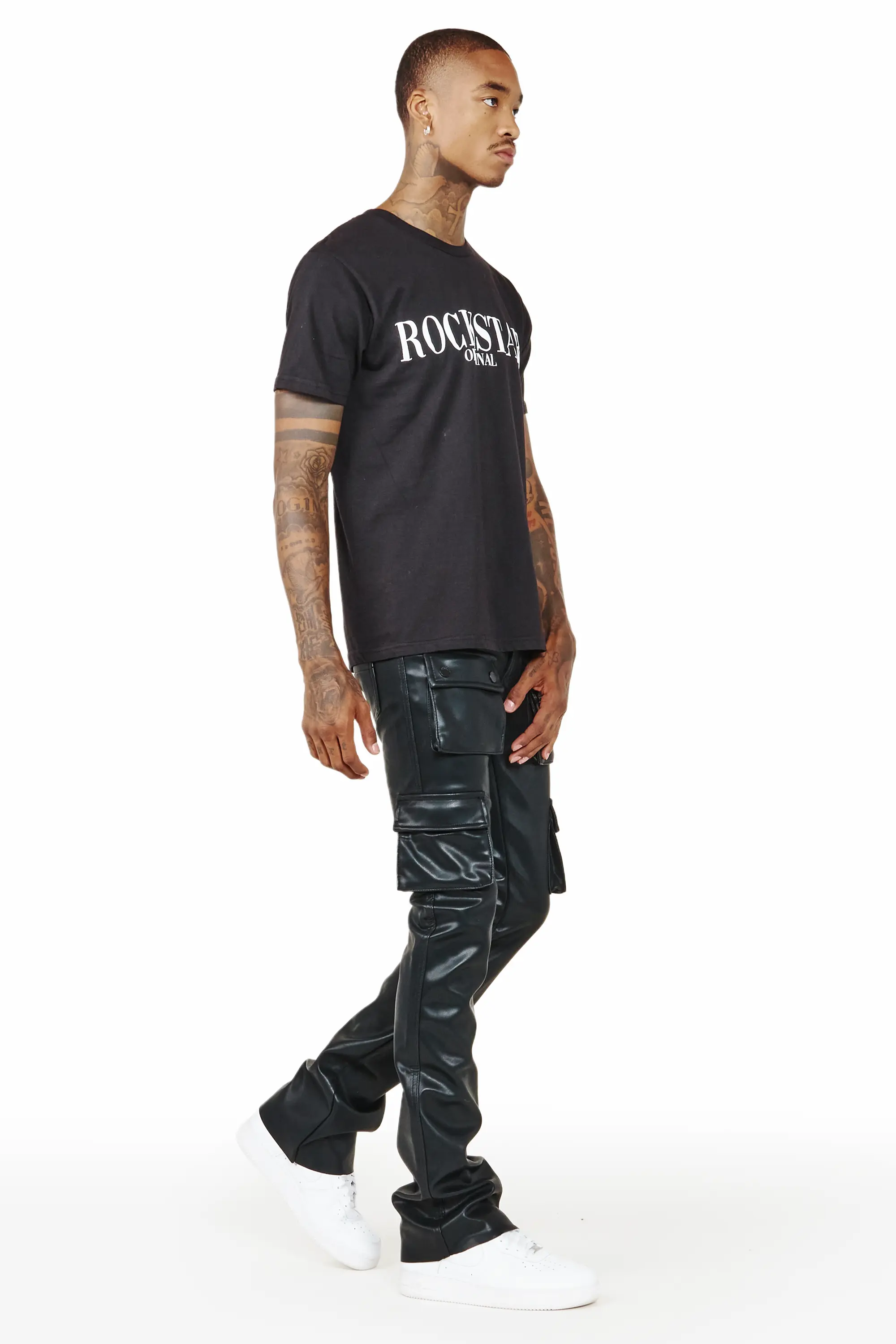 Khaza Black Faux Leather Stacked Flare Jean - Image 5