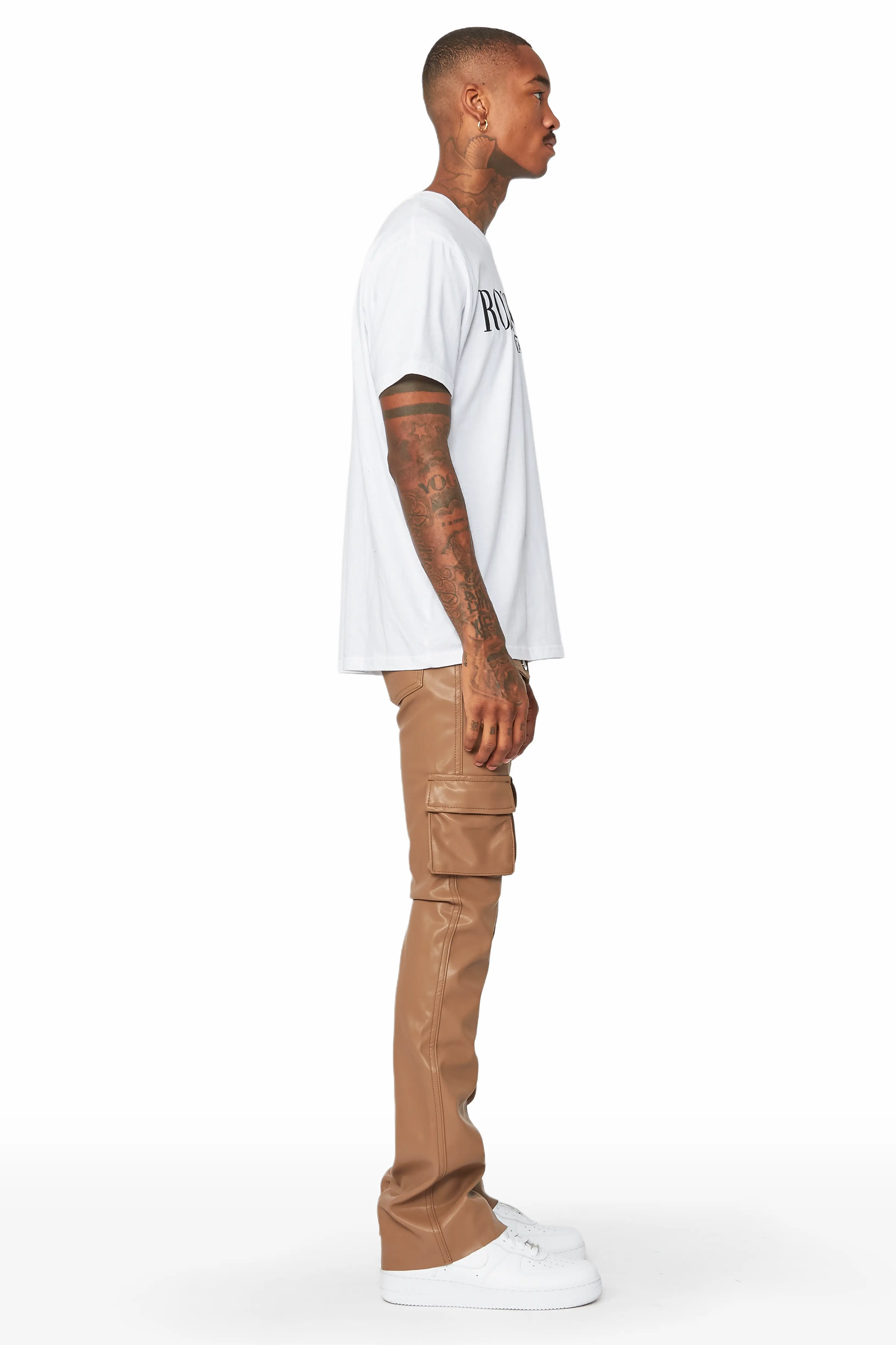 Khaza Tan Faux Leather Stacked Flare Jean - Image 3