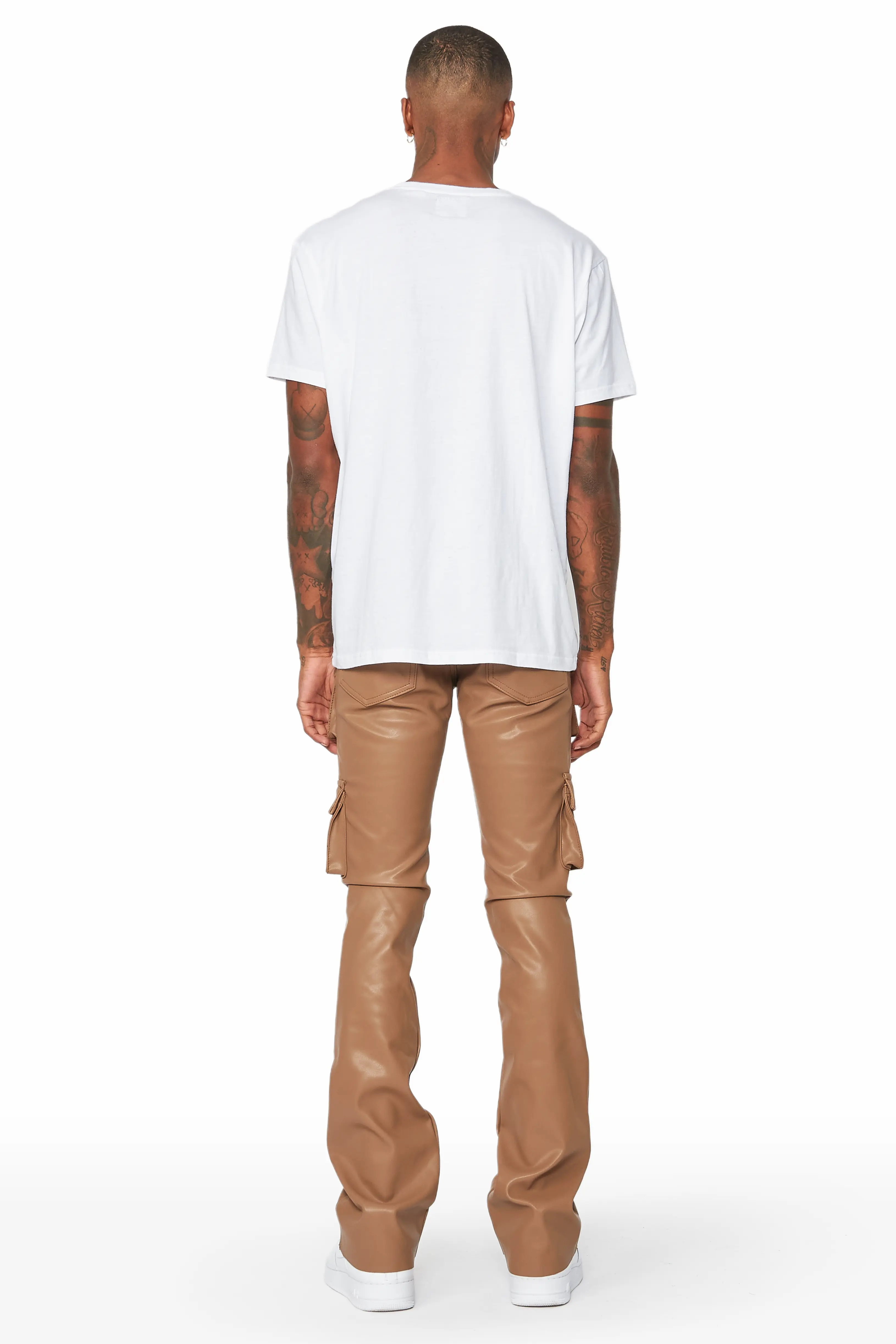 Khaza Tan Faux Leather Stacked Flare Jean - Image 4