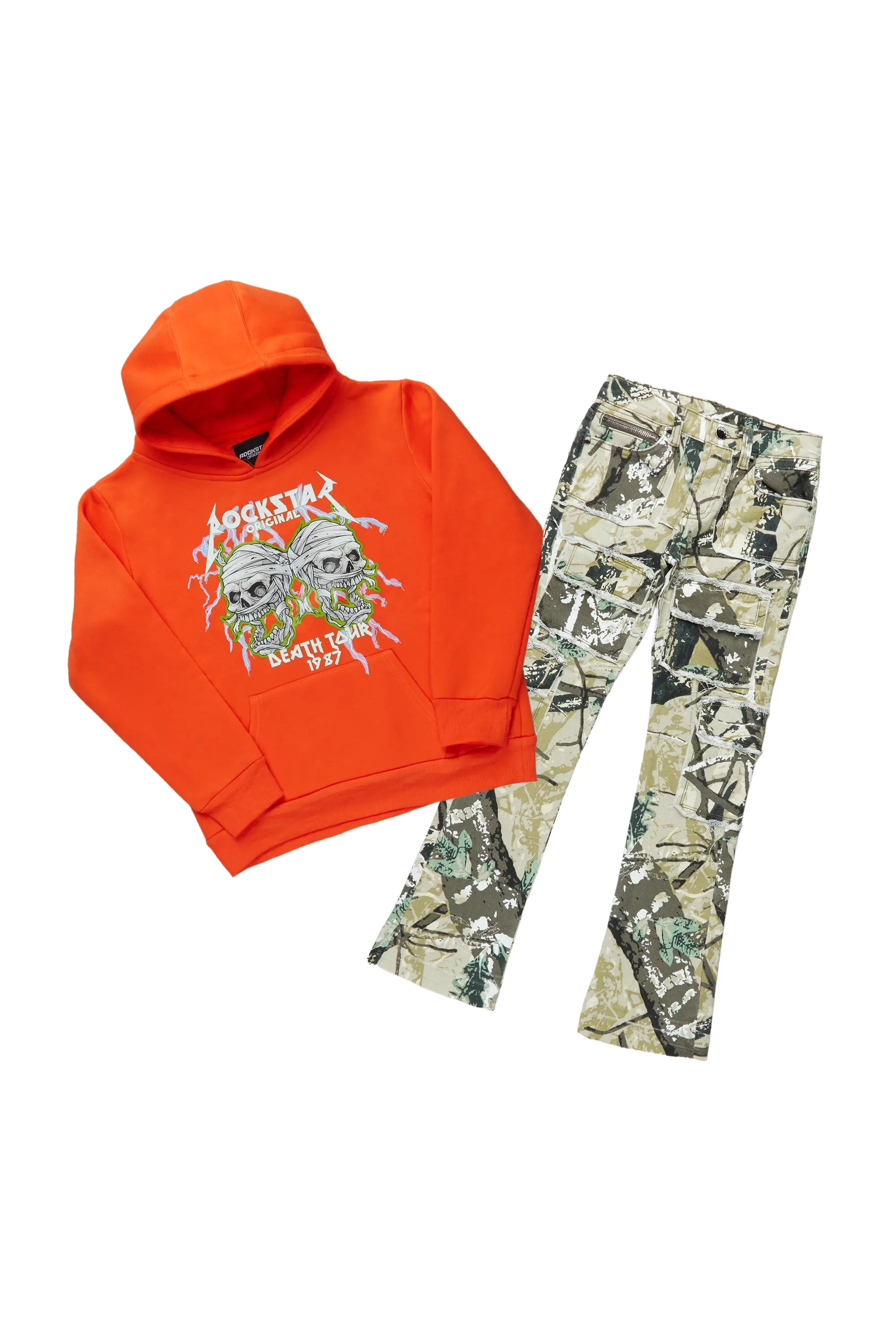 Boys Clayy Orange Hoodie/Tree Camo Stacked Flare Jean Set - Image 2