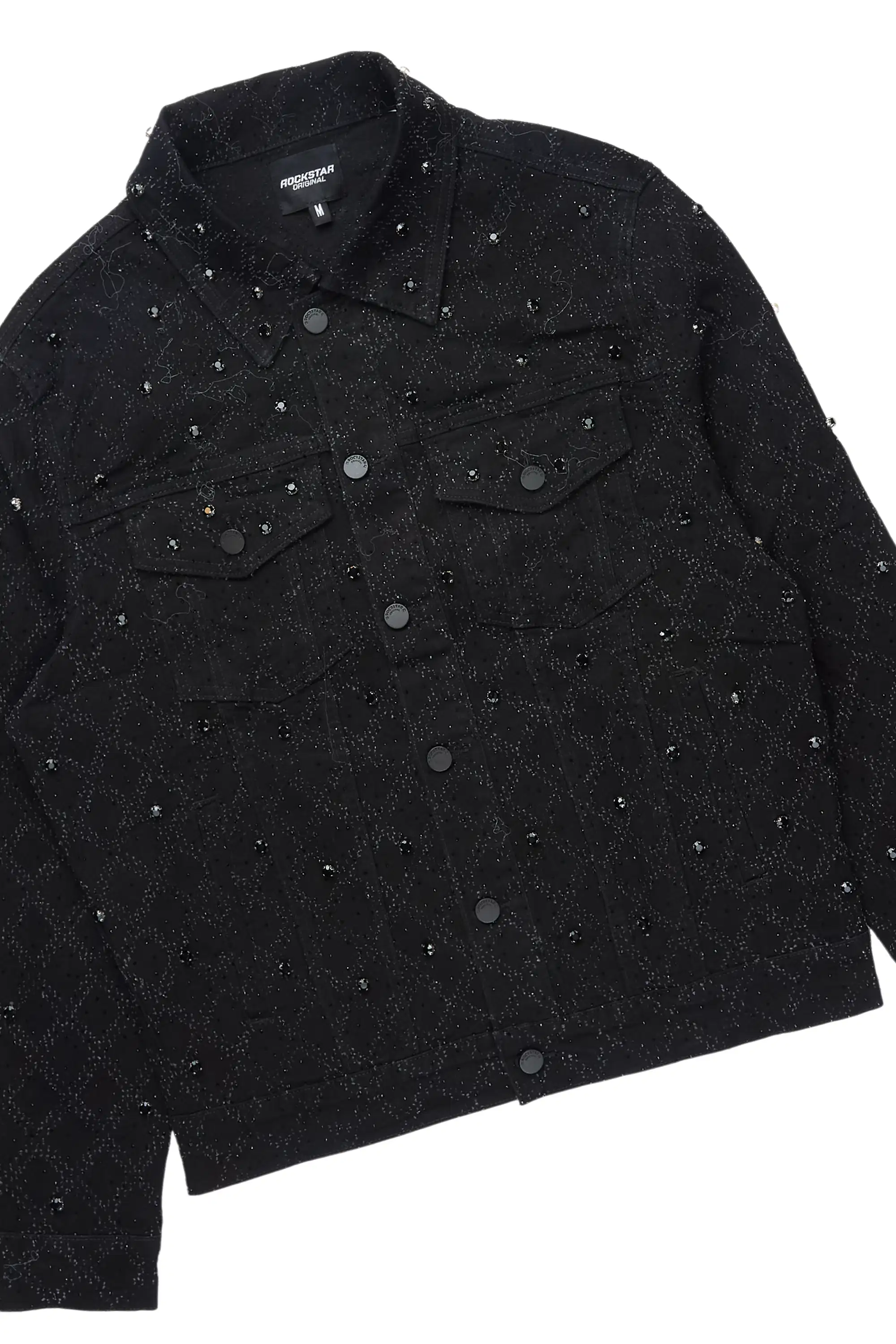 Glit Jet Black Rhinestone Denim Jacket/Stacked Flare Jean Set - Image 3
