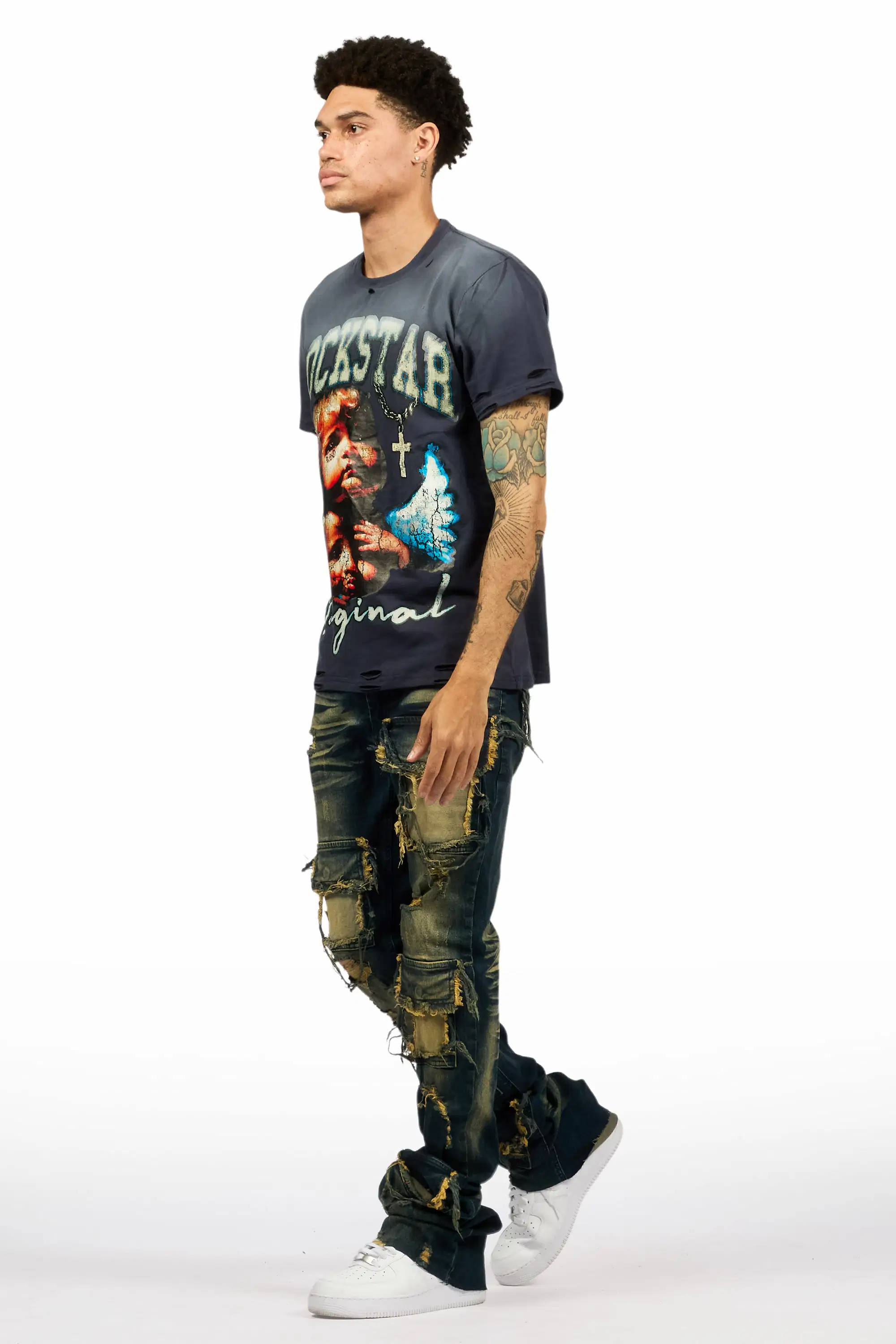Pooja Dark Blue Super Stacked Flare Jean - Image 6