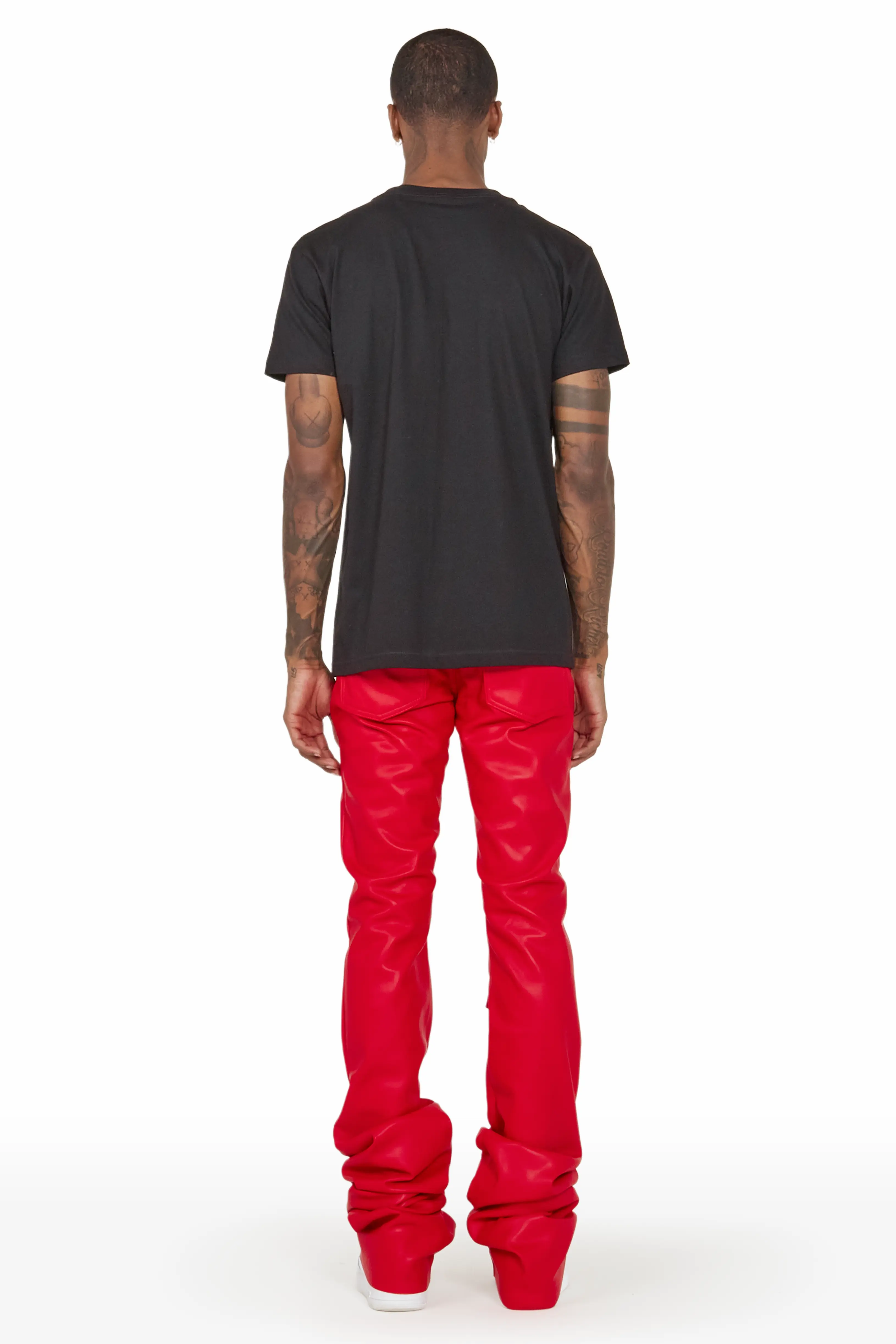Petrus Red Faux Leather Super Stacked Flare Jean - Image 4