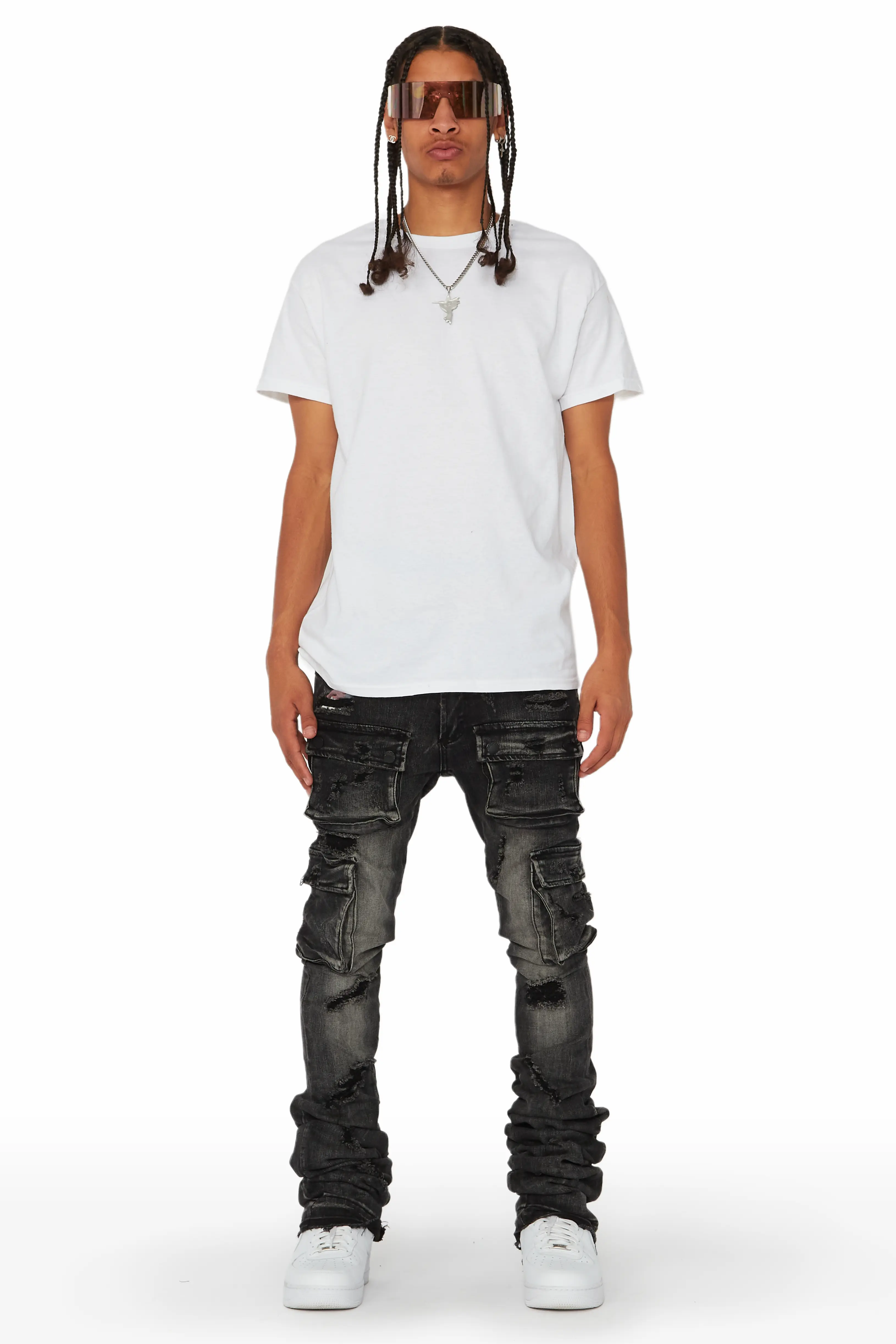 Zaire Grey Cargo Super Stacked Flare Jean - Image 2
