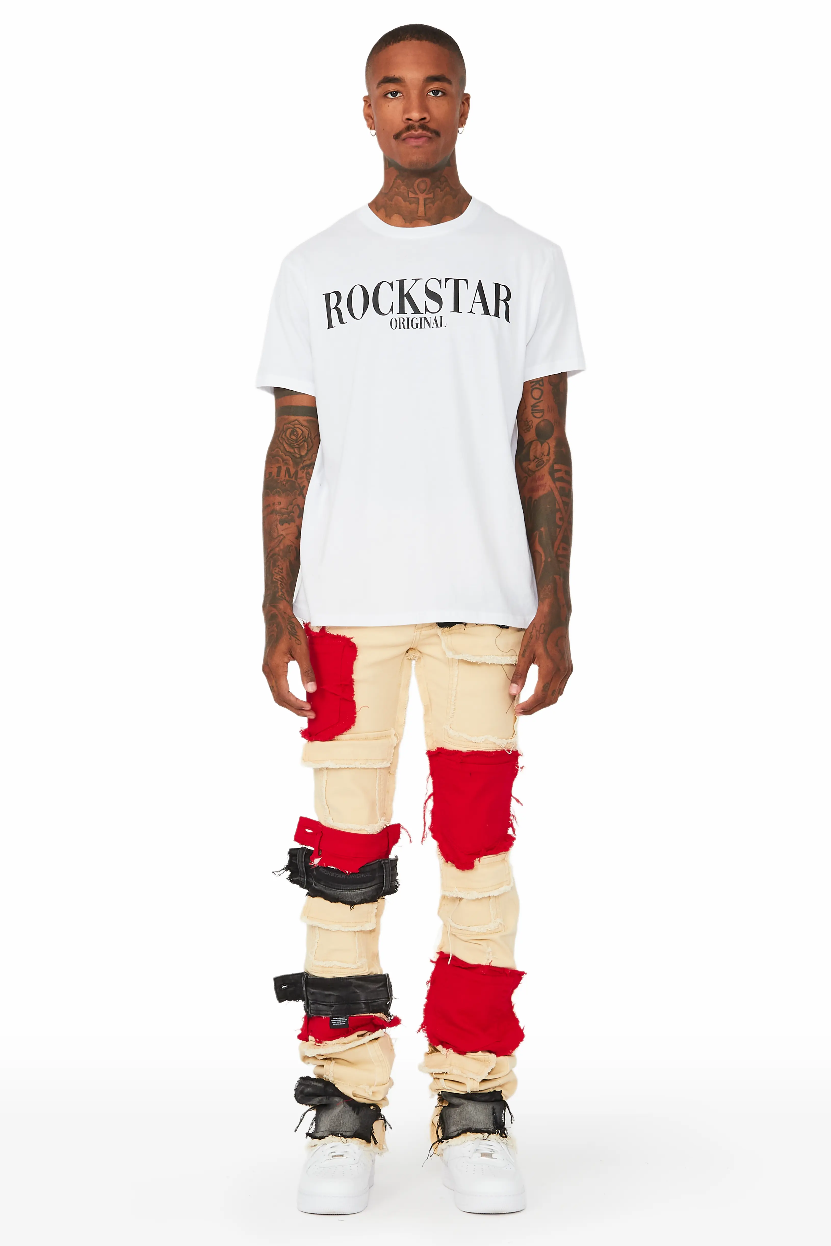 Kaizen Beige/Red Patchwork Super Stacked Flare Jean - Image 2