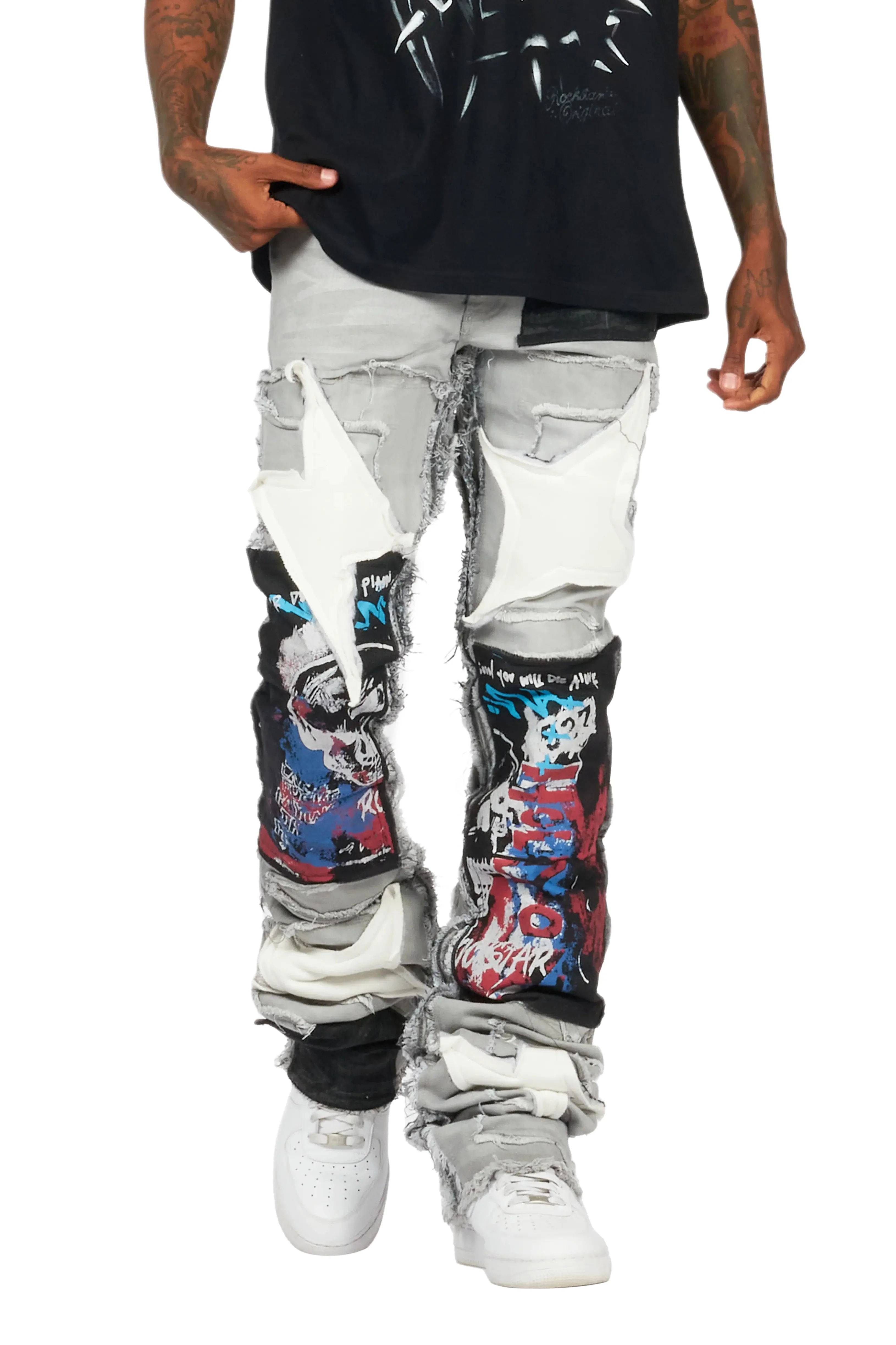 Vinson Dark Grey Patchwork Super Stacked Flare Jean - Image 10
