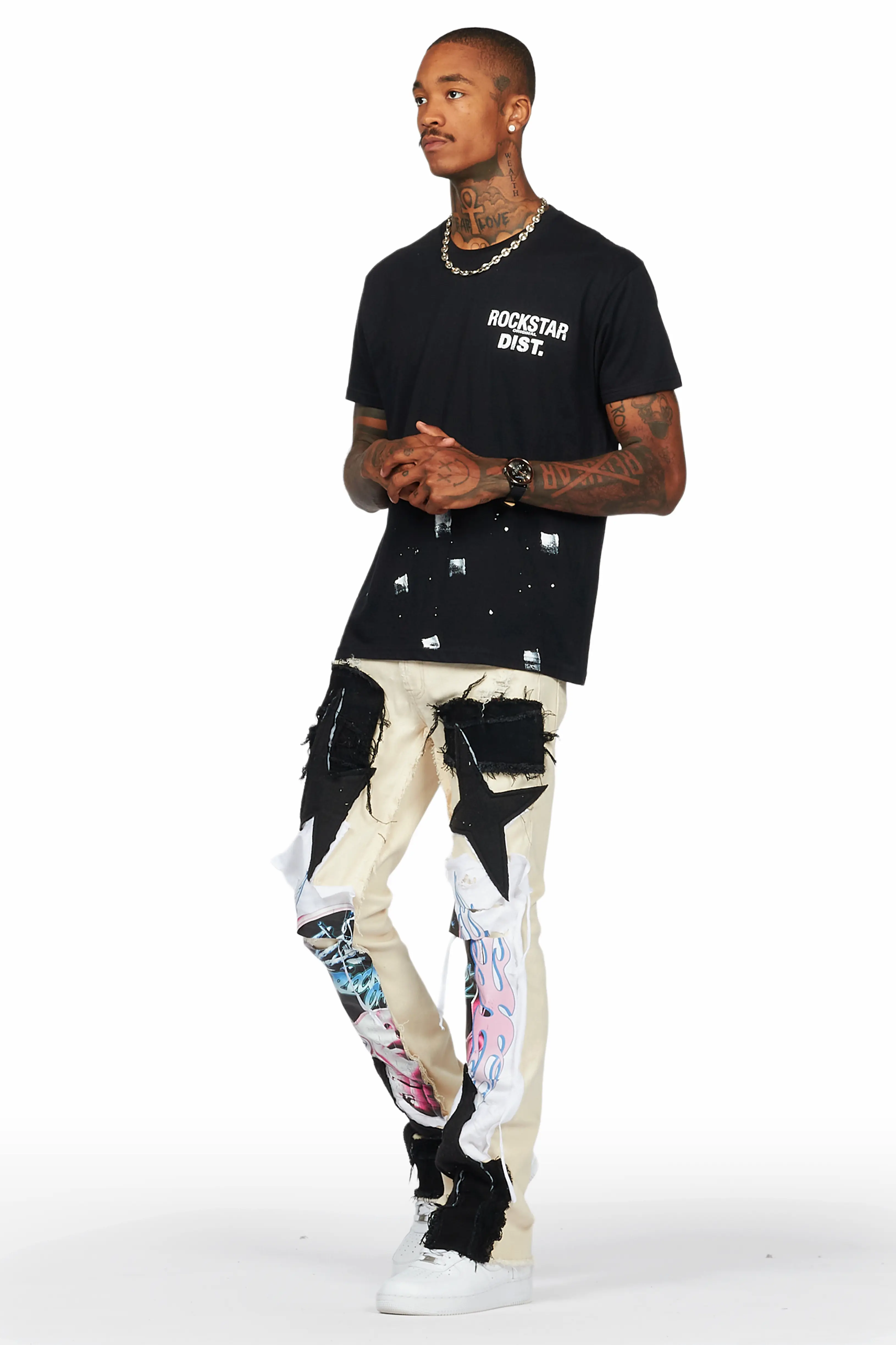 Helios Beige Patchwork Stacked Flare Jean - Image 7