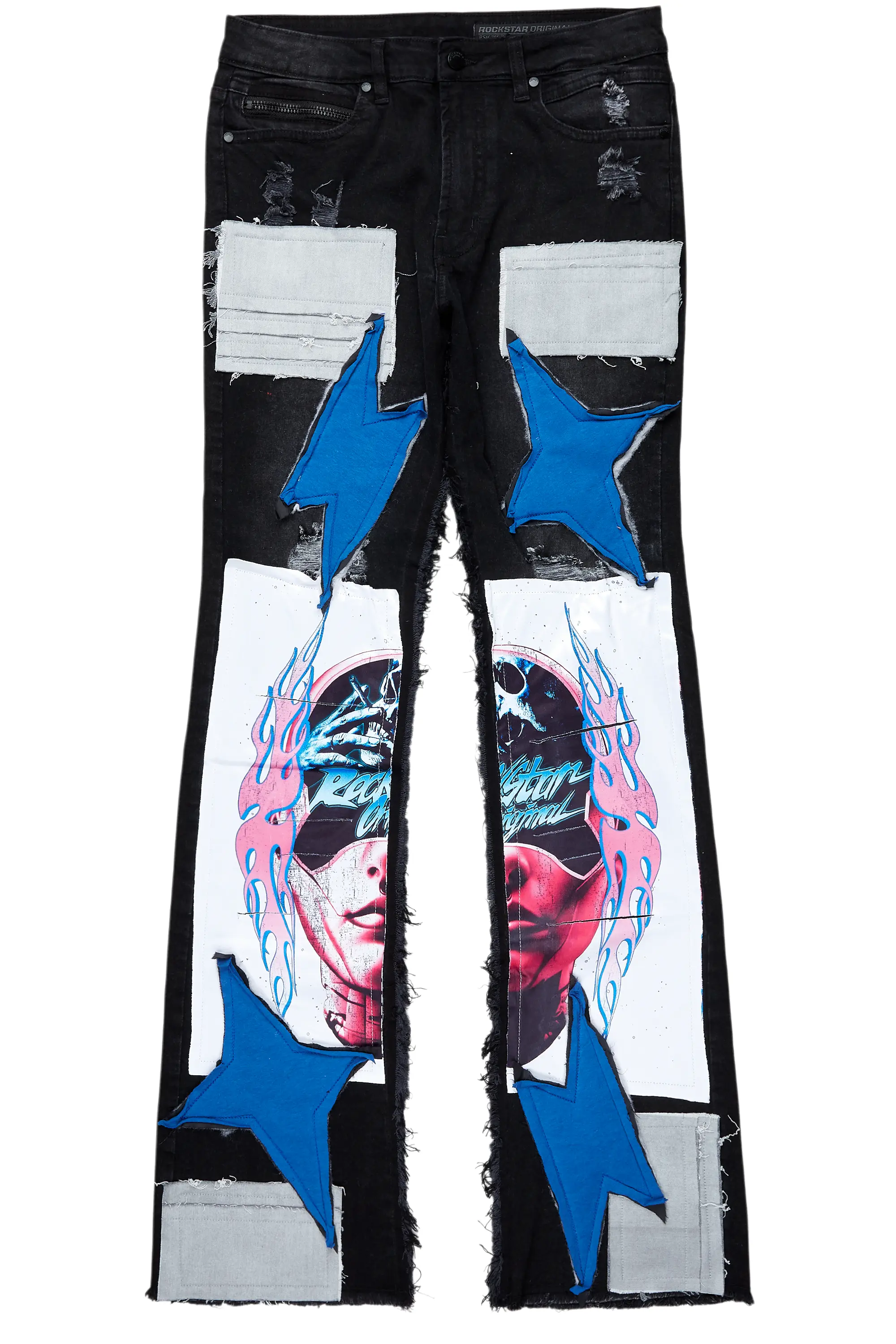 Helios Dark Grey Patchwork Stacked Flare Jean - Image 6