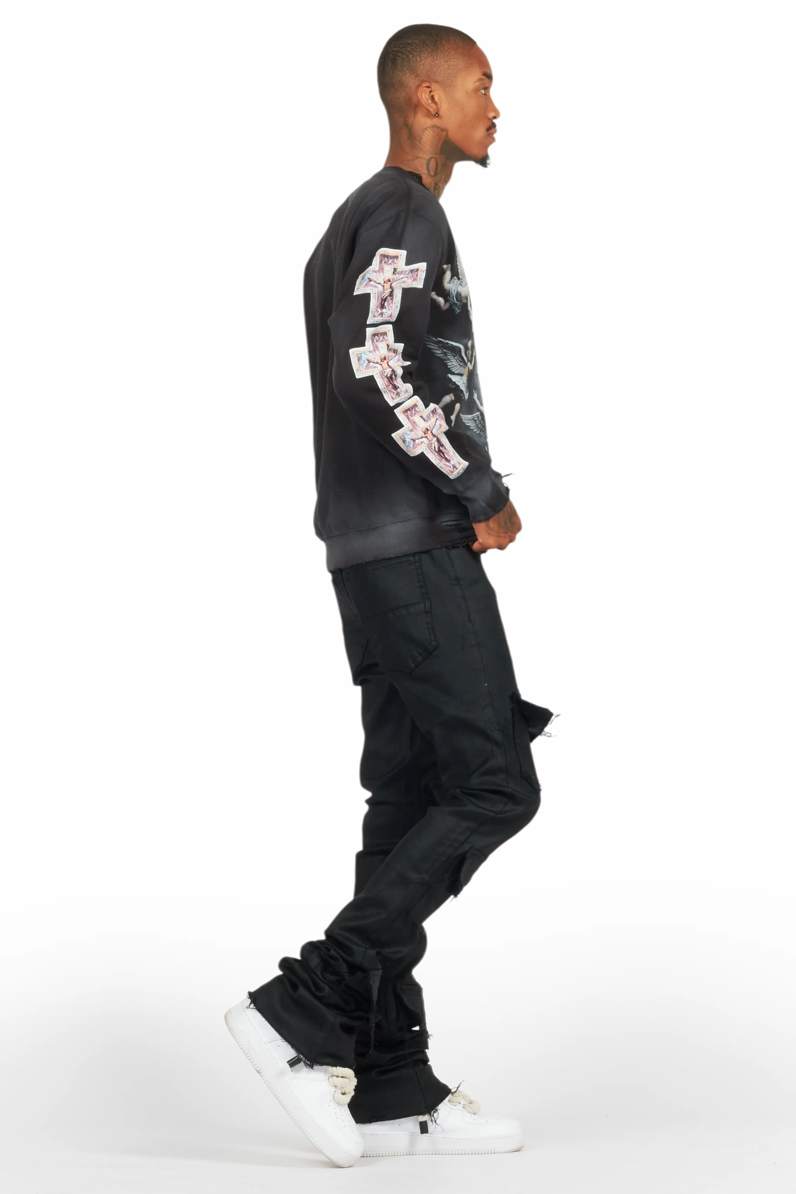 Petrus Black Coated Super Stacked Flare Jean - Image 4
