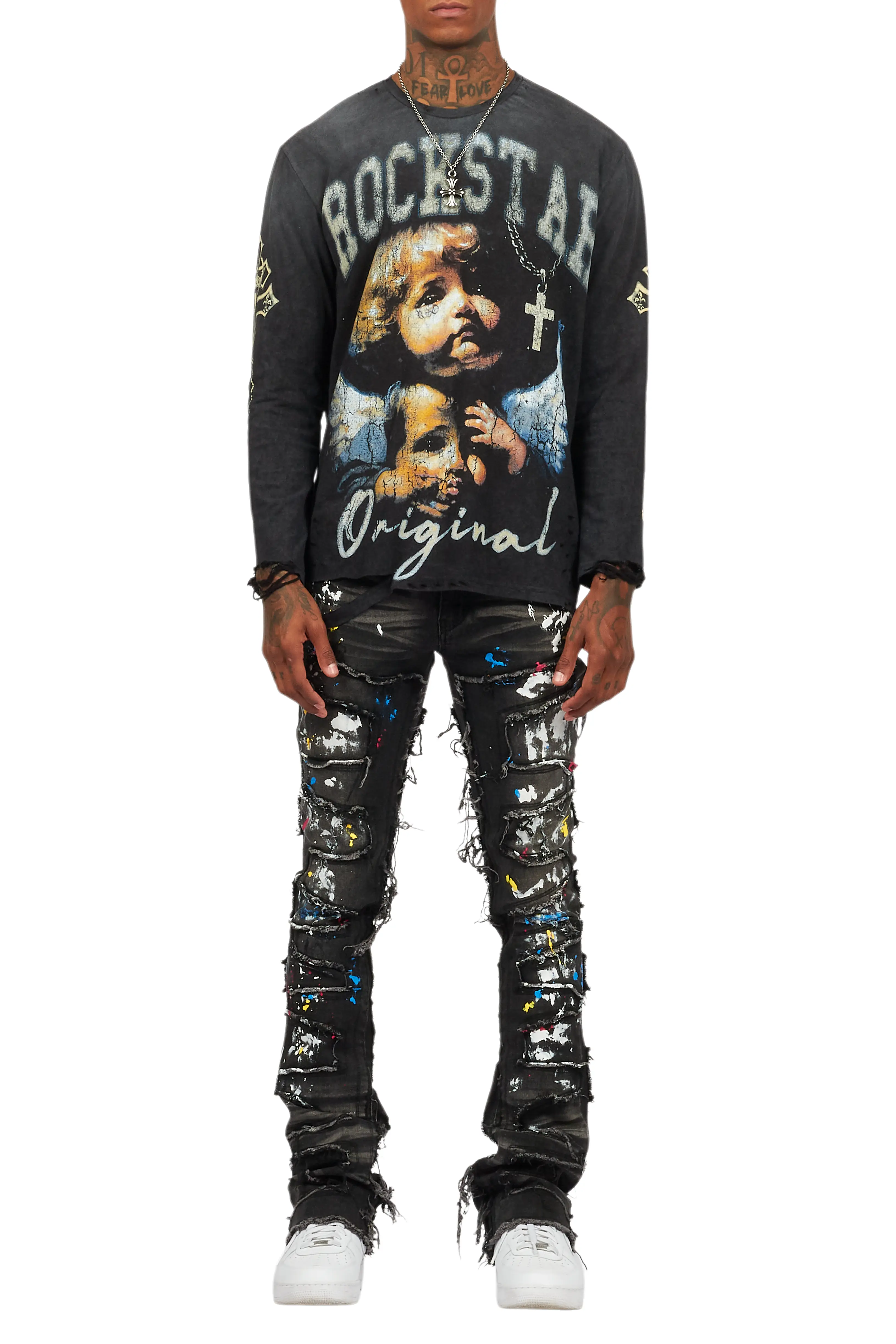 Shaddie Dark Grey Painter Stacked Flare Jean - Image 10