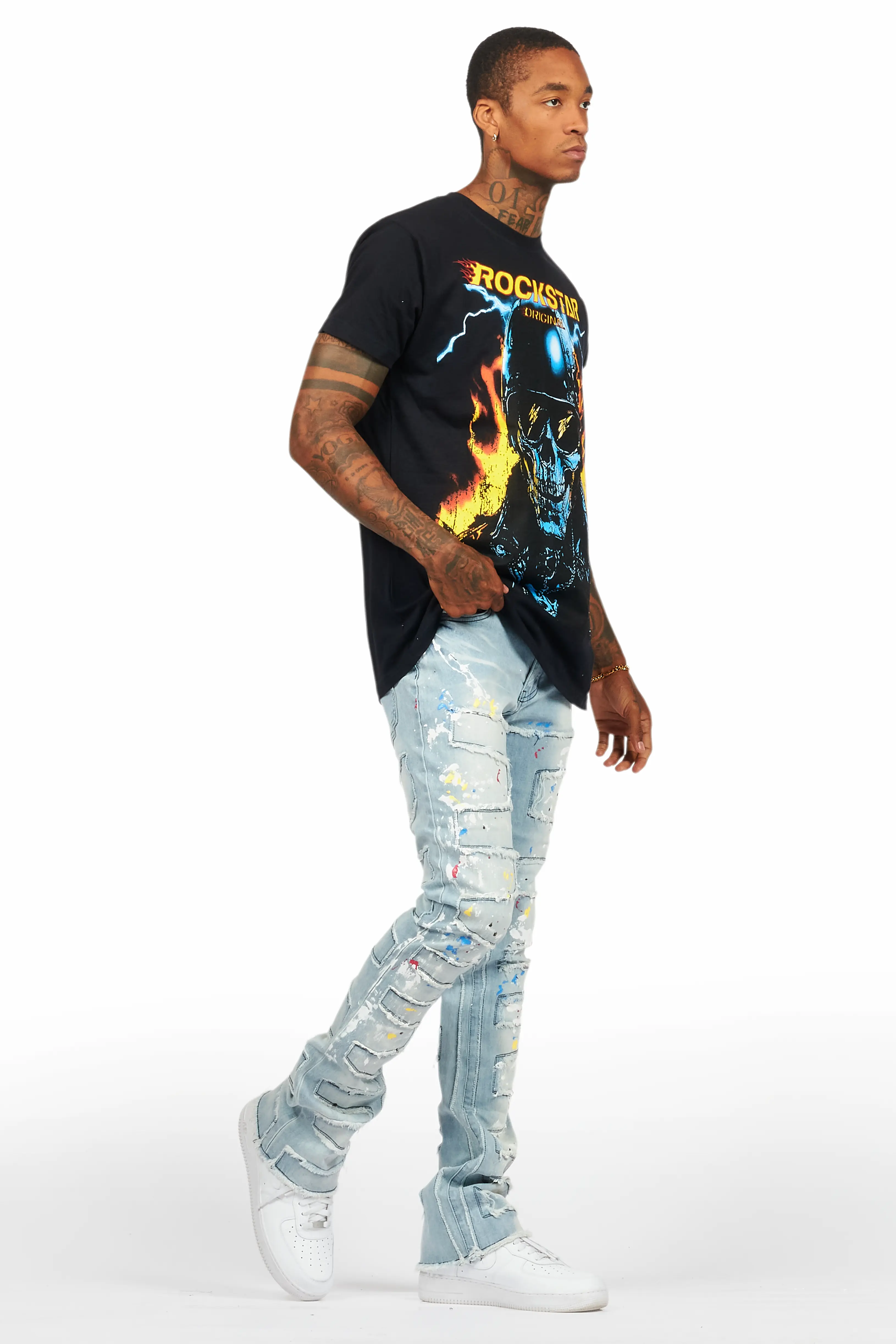 Shaddie Light Blue Painter Stacked Flare Jean - Image 7
