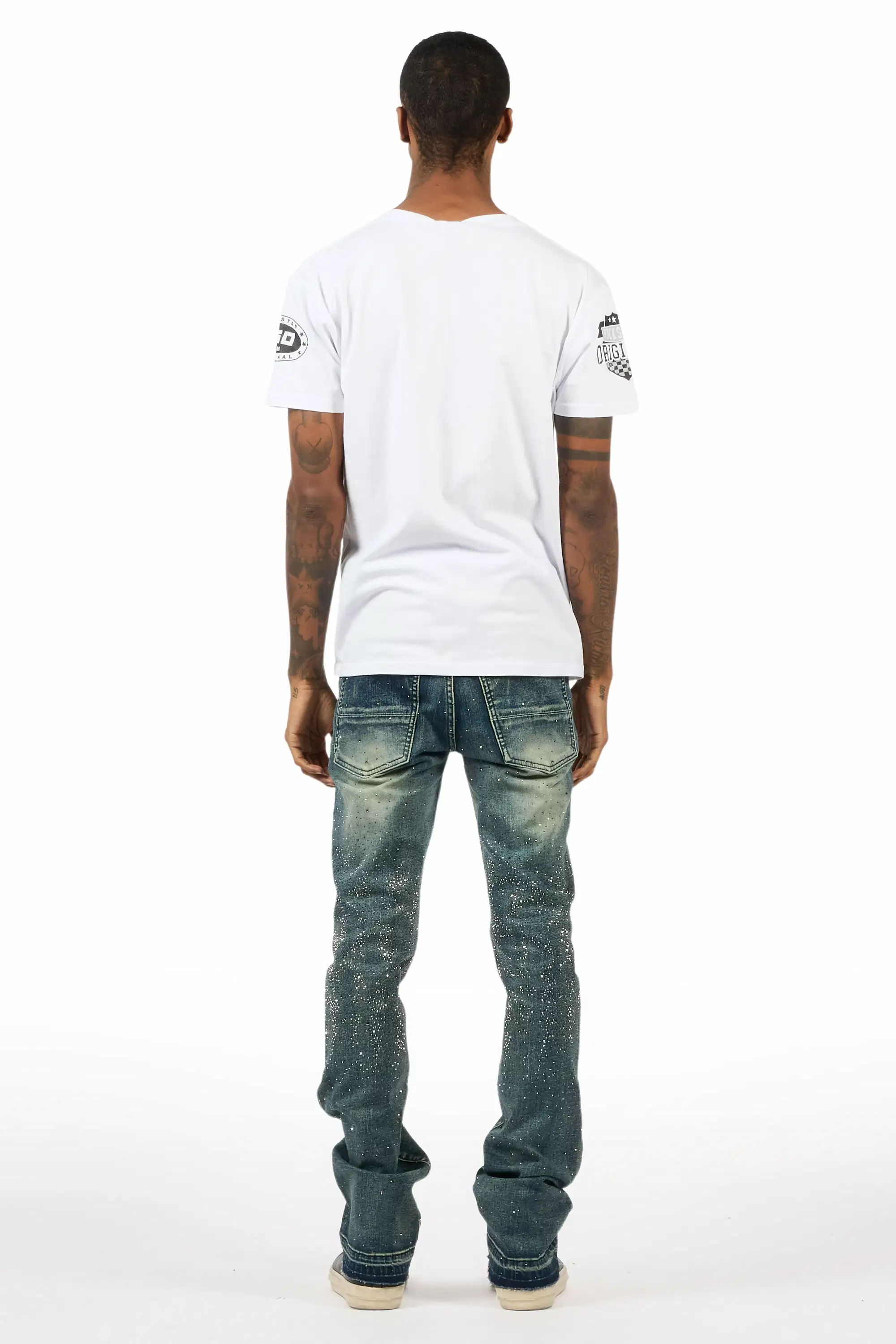 Onyx Dark Blue Studded Stacked Flare Jean - Image 5