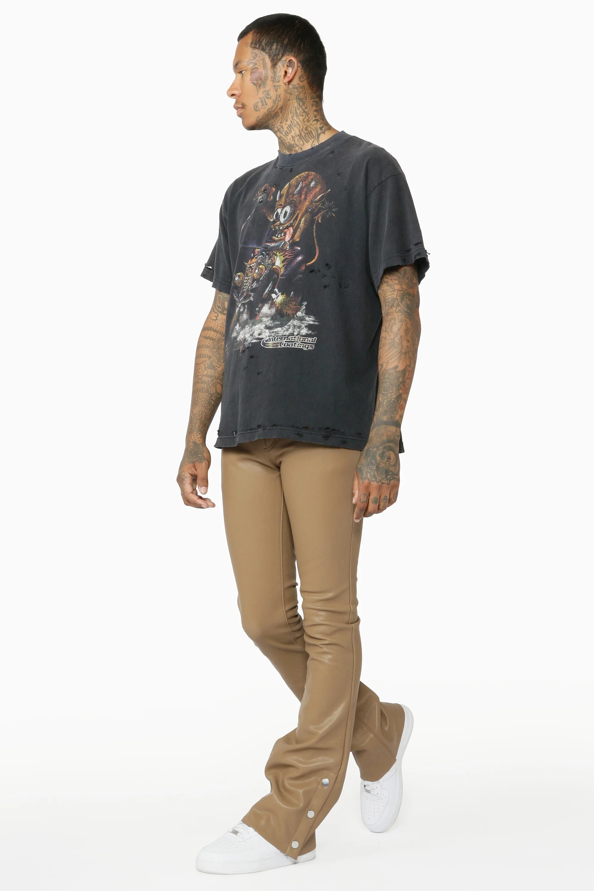 Ennis Beige PU Stacked Flare Jean - Image 11