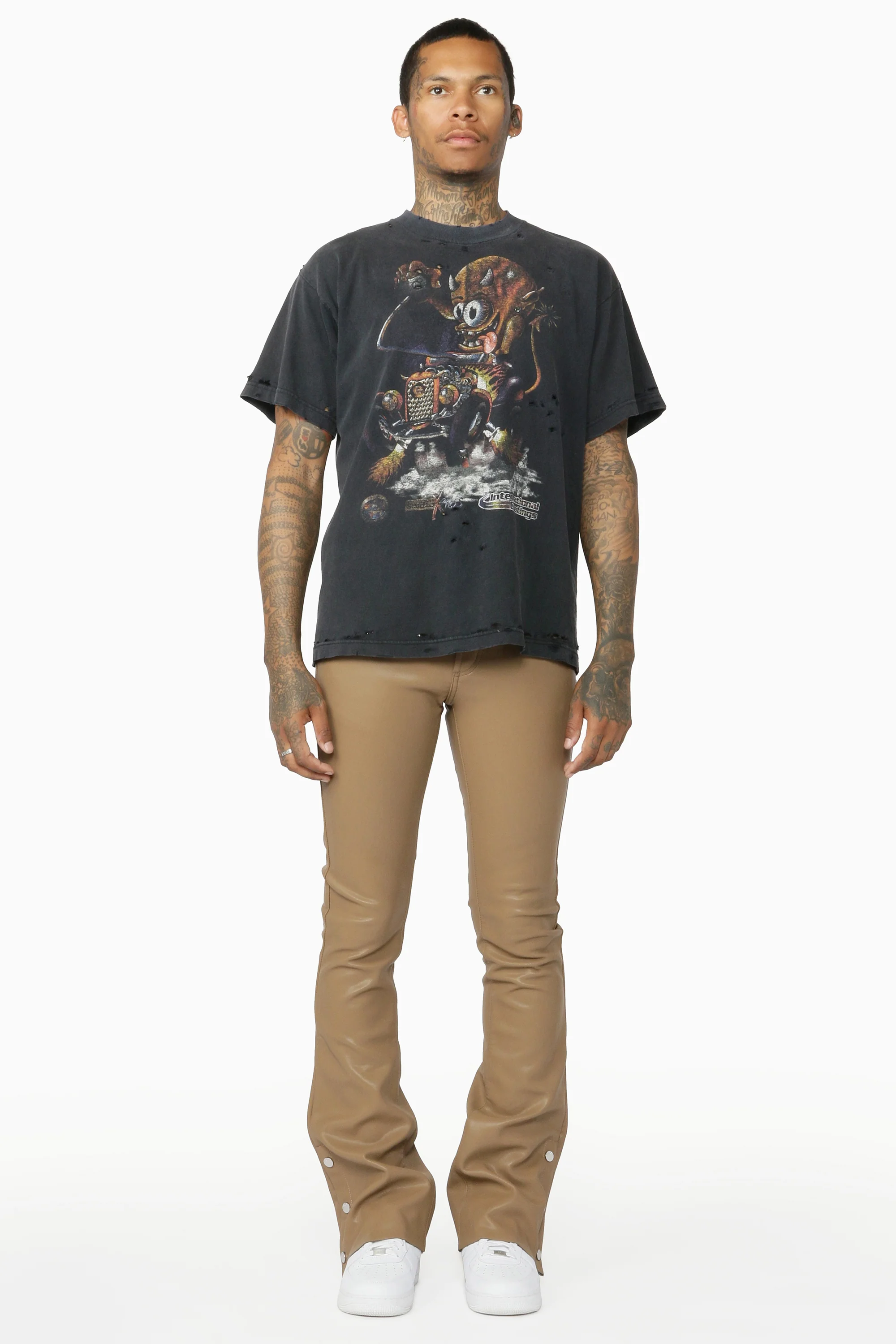 Ennis Beige PU Stacked Flare Jean - Image 3