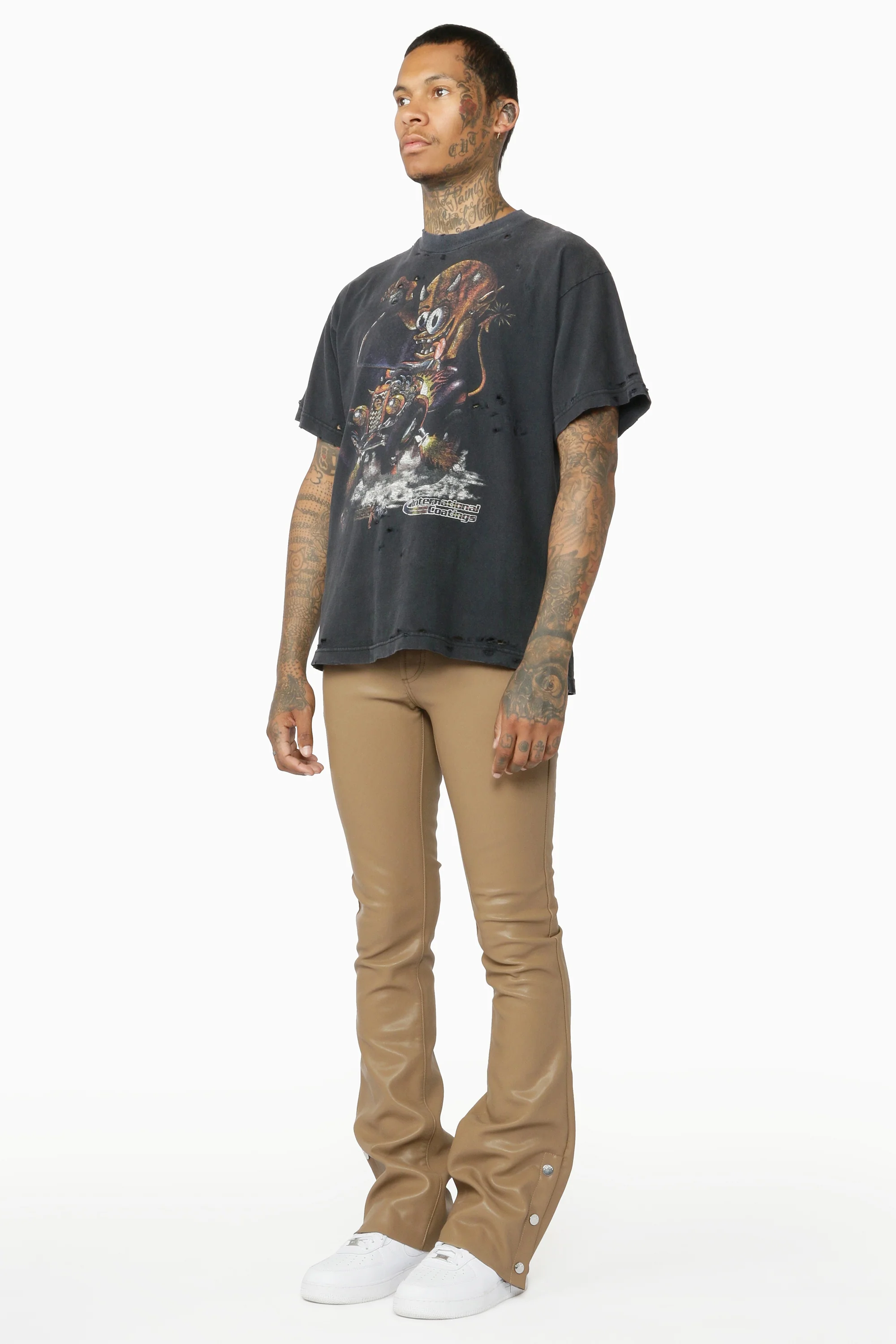 Ennis Beige PU Stacked Flare Jean - Image 4