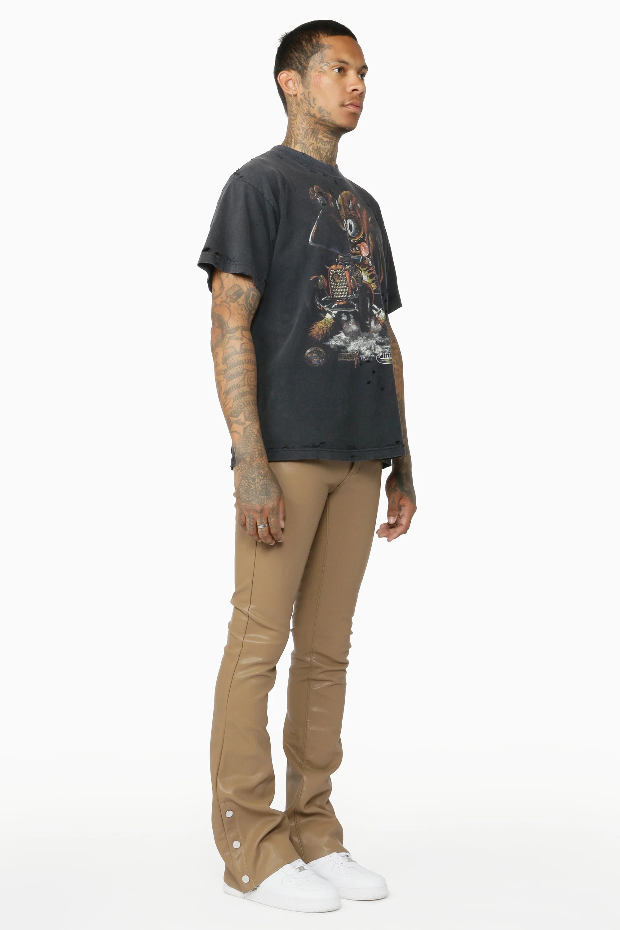 Ennis Beige PU Stacked Flare Jean - Image 5
