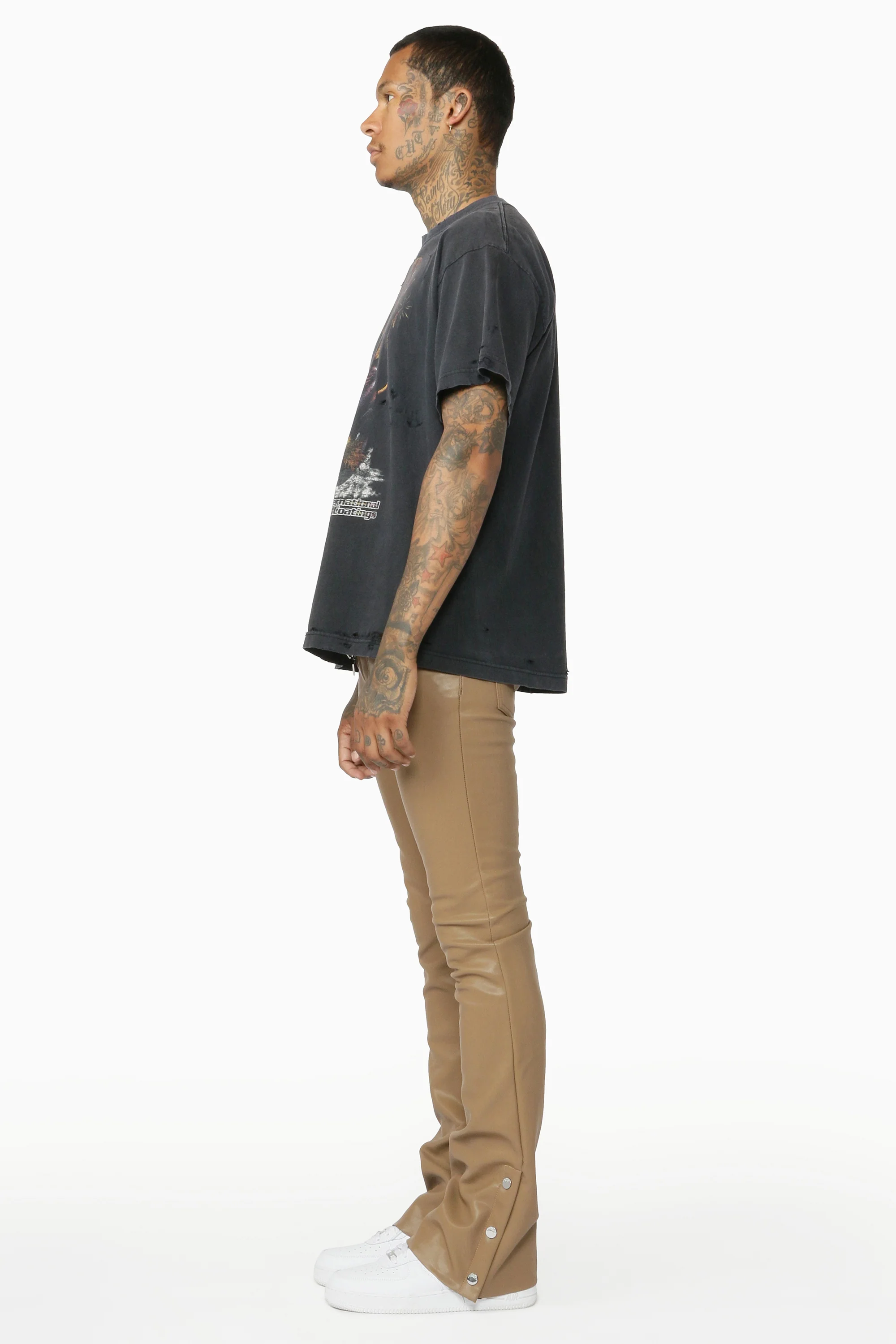 Ennis Beige PU Stacked Flare Jean - Image 6