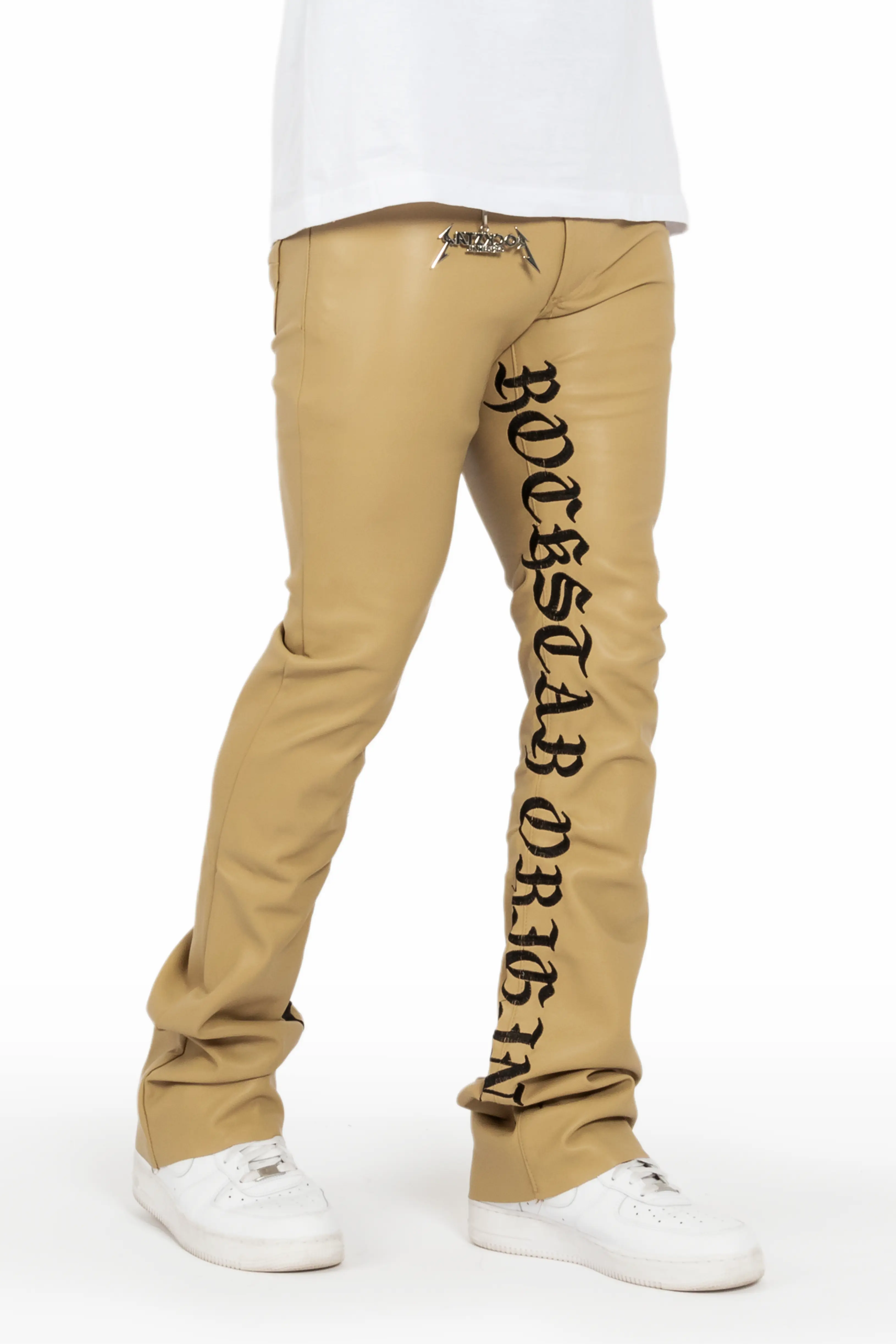 Eliam Beige/Black Faux Leather Stacked Flare Jean - Image 9