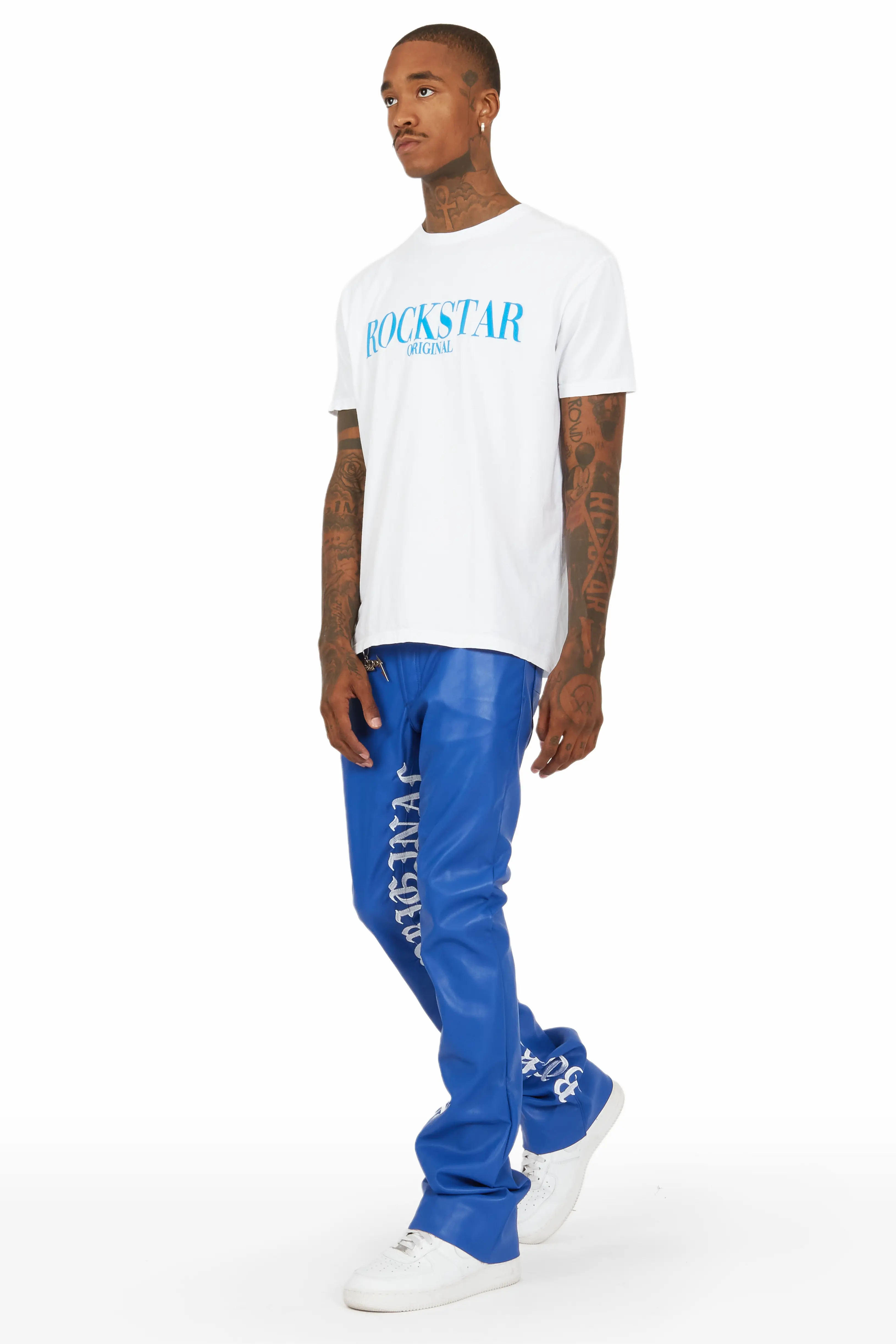 Eliam Blue/White Faux Leather Stacked Flare Jean - Image 6