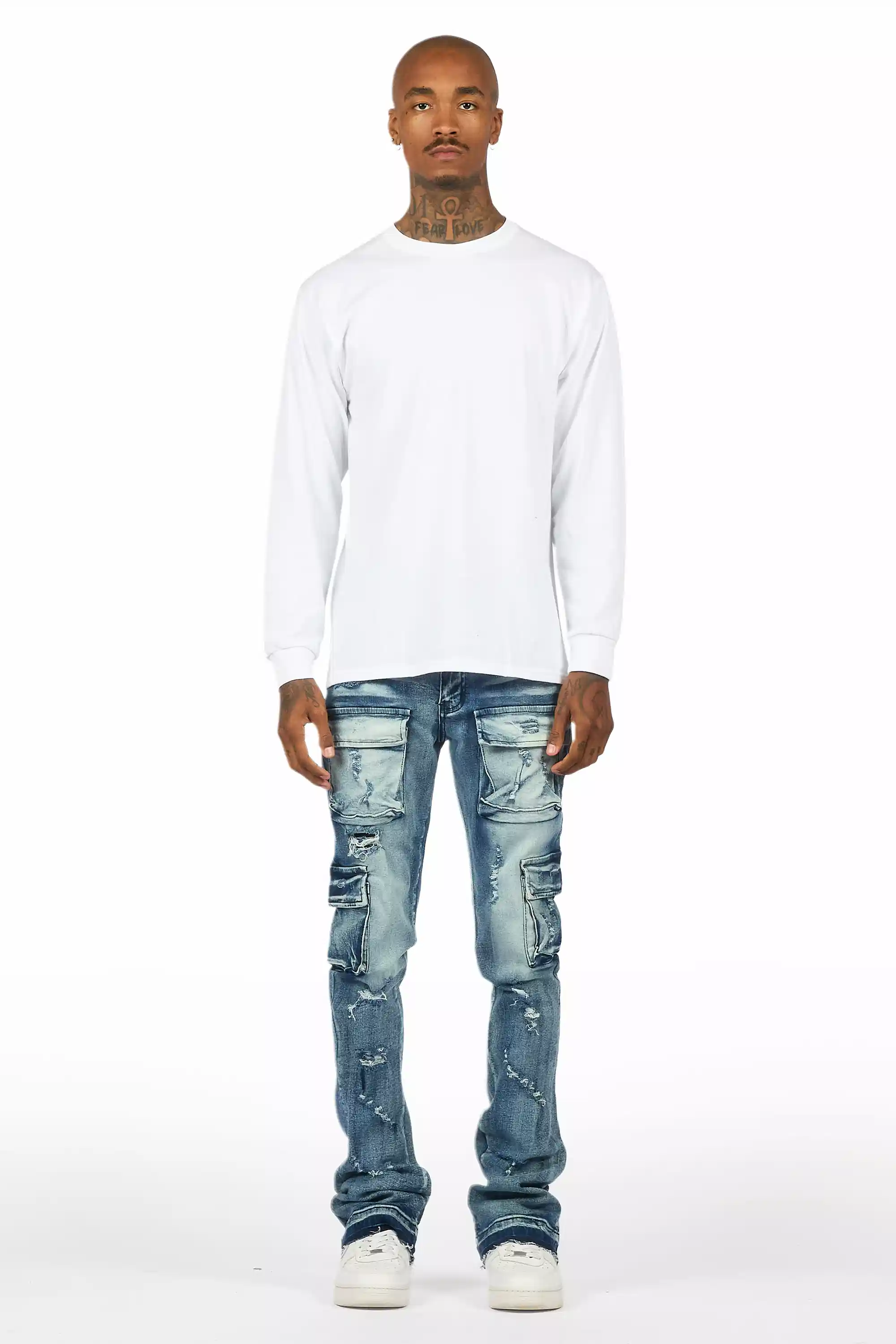 Zaid Dark Blue Stacked Flare Jean - Image 3
