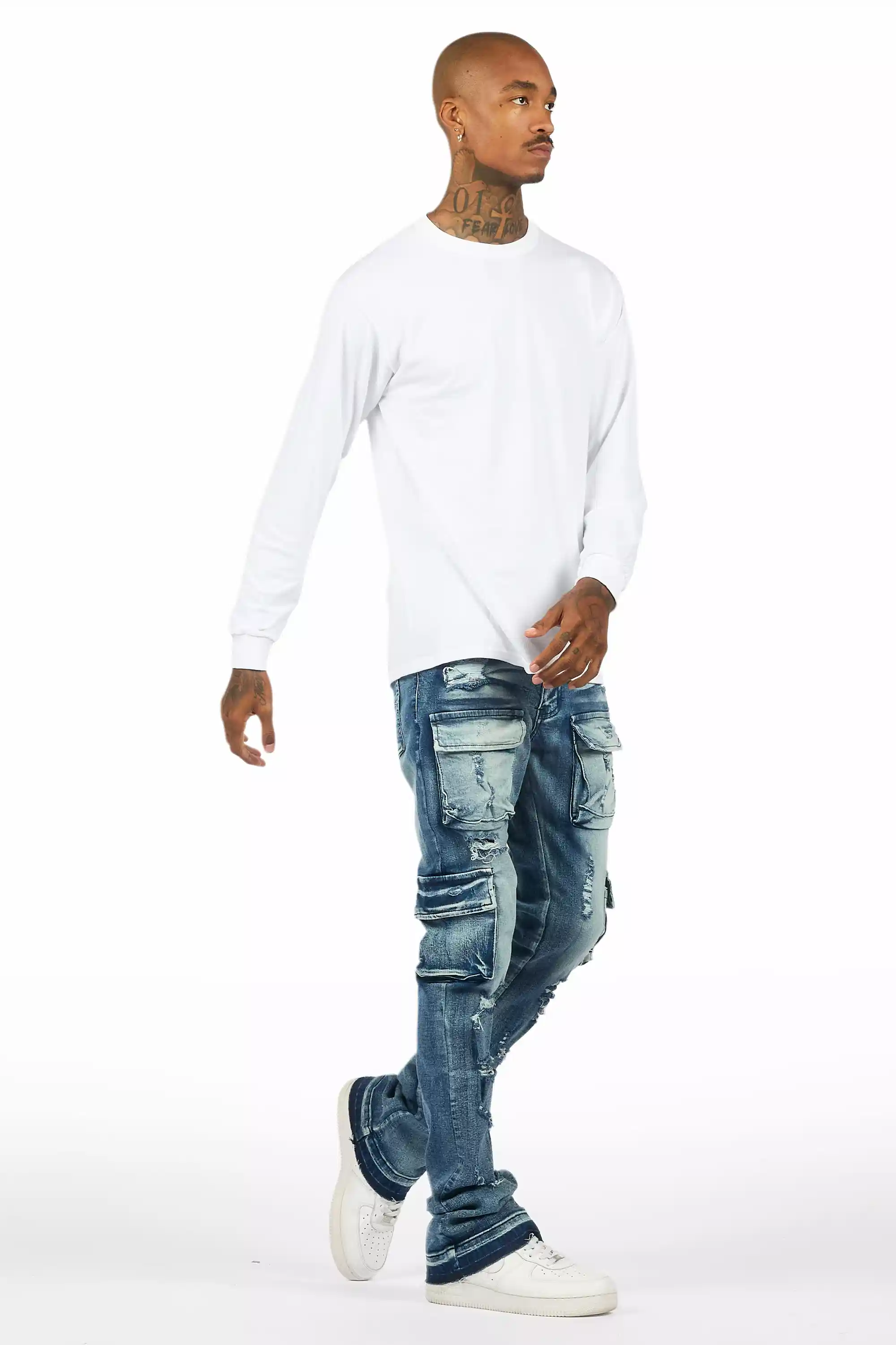 Zaid Dark Blue Stacked Flare Jean - Image 5