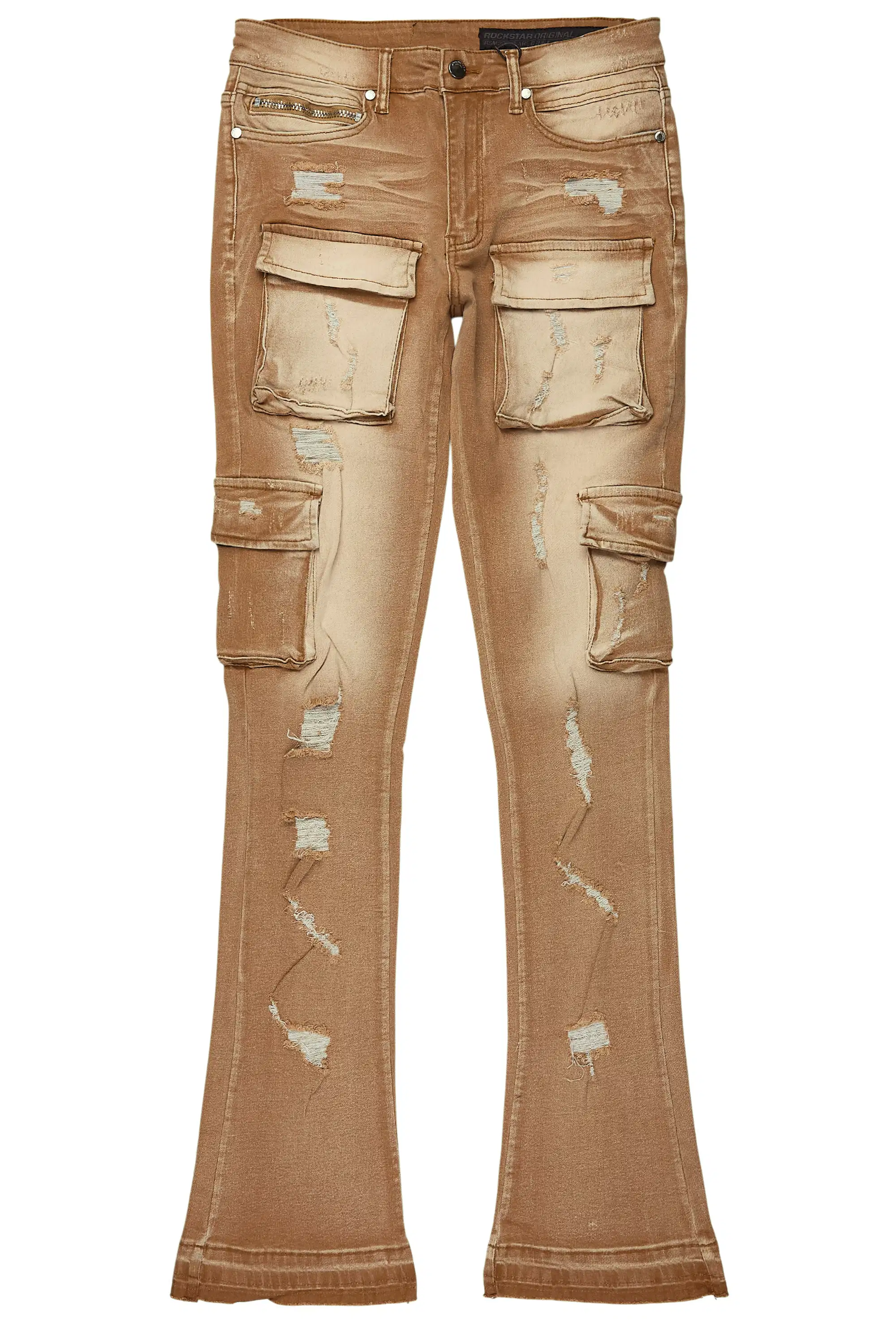 Zaid Washed Beige Stacked Flare Jean - Image 2