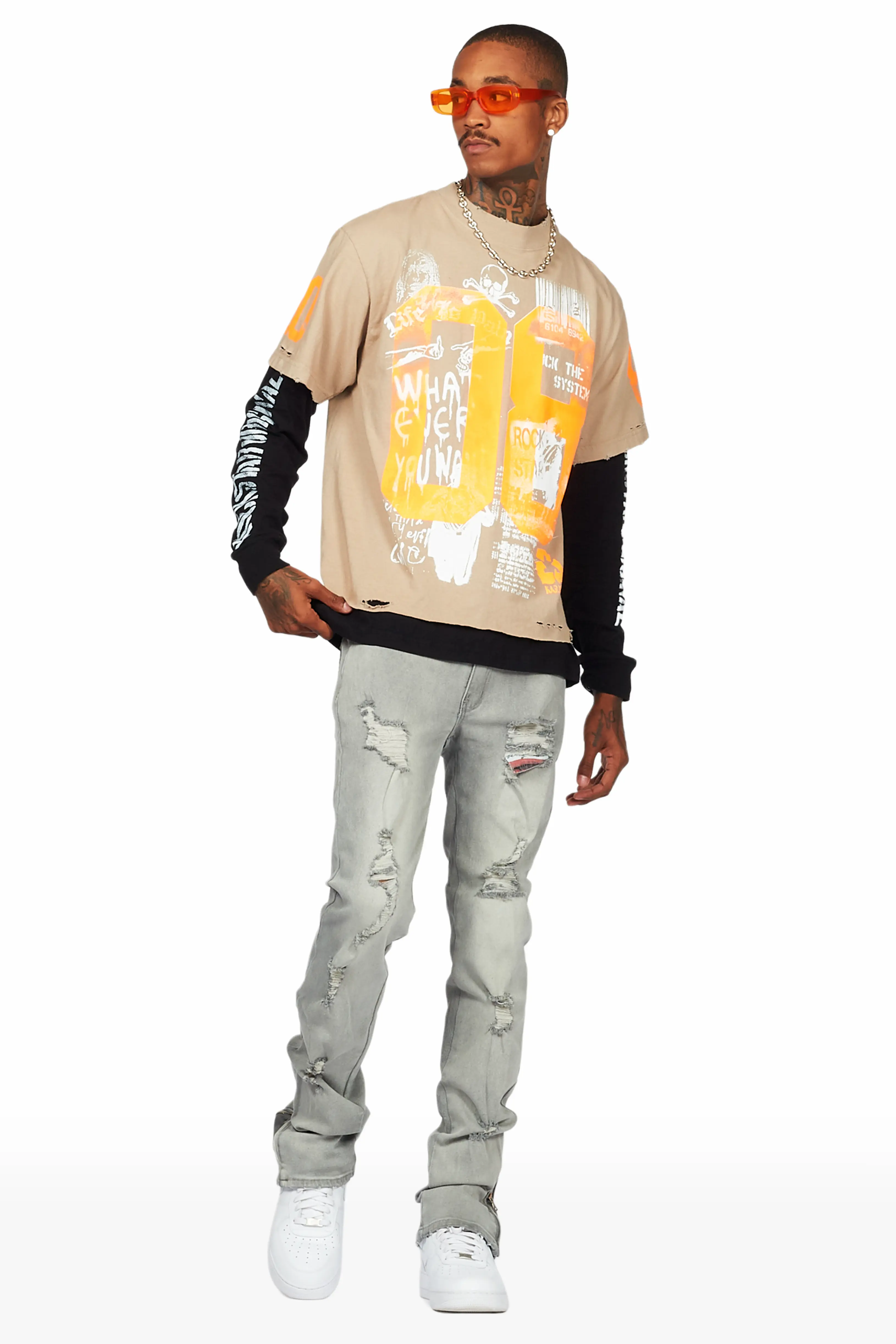 Ezio Light Grey Stacked Flare Jean - Image 4