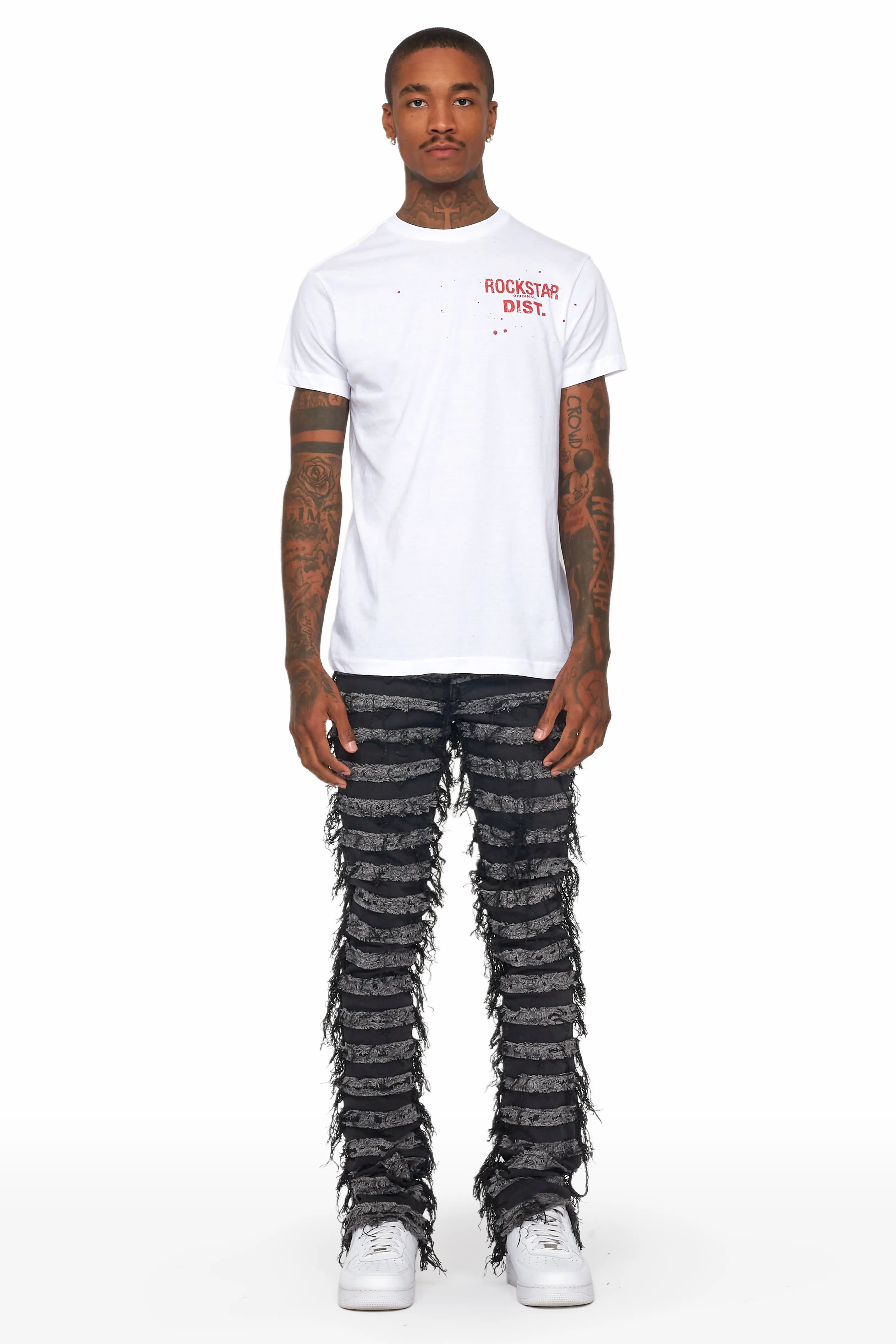 Ayan Dark Grey Distressed Stacked Flare Jeans - Image 2