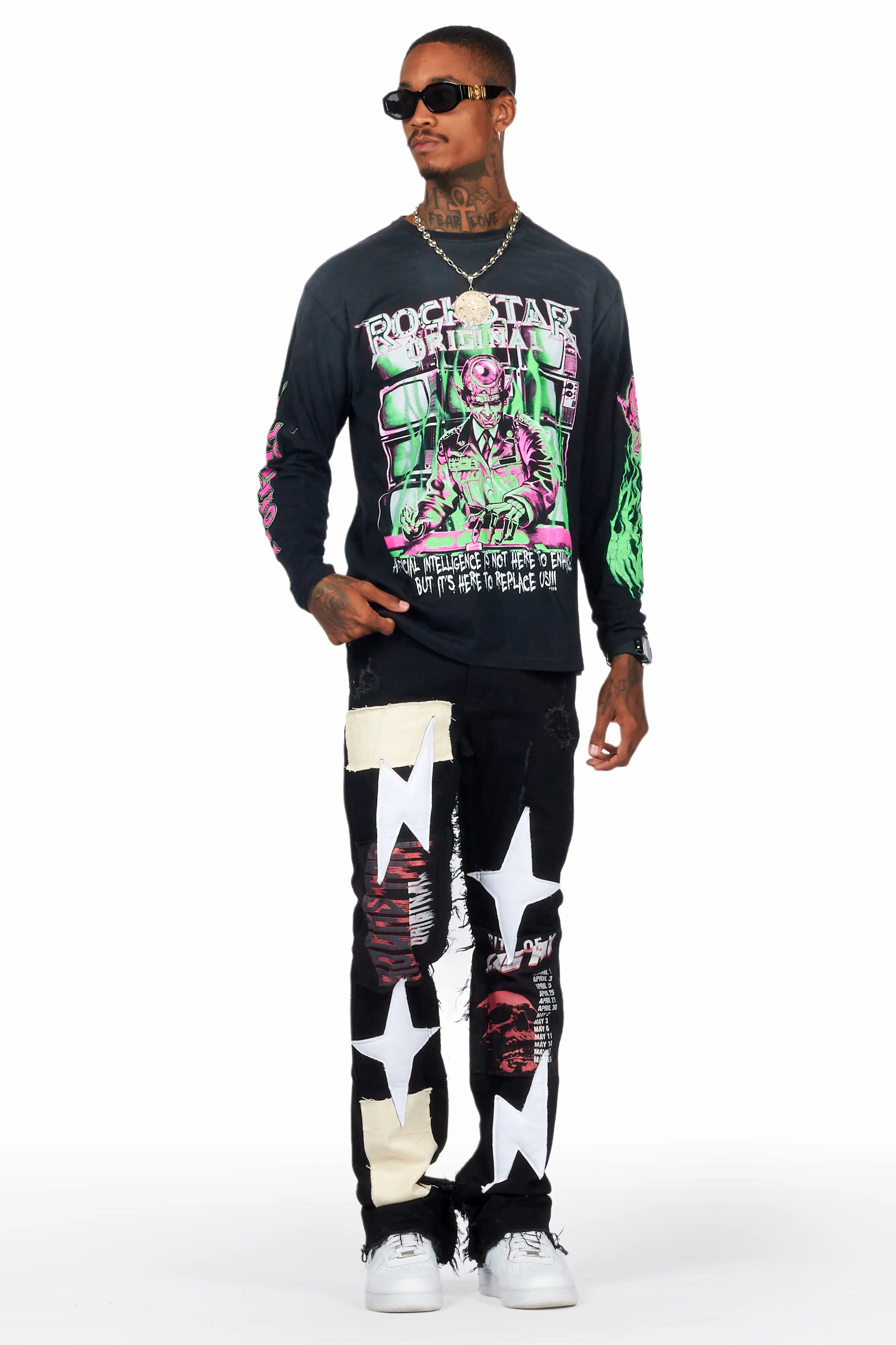Rhys Black Patchwork Stacked Flare Jean - Image 11