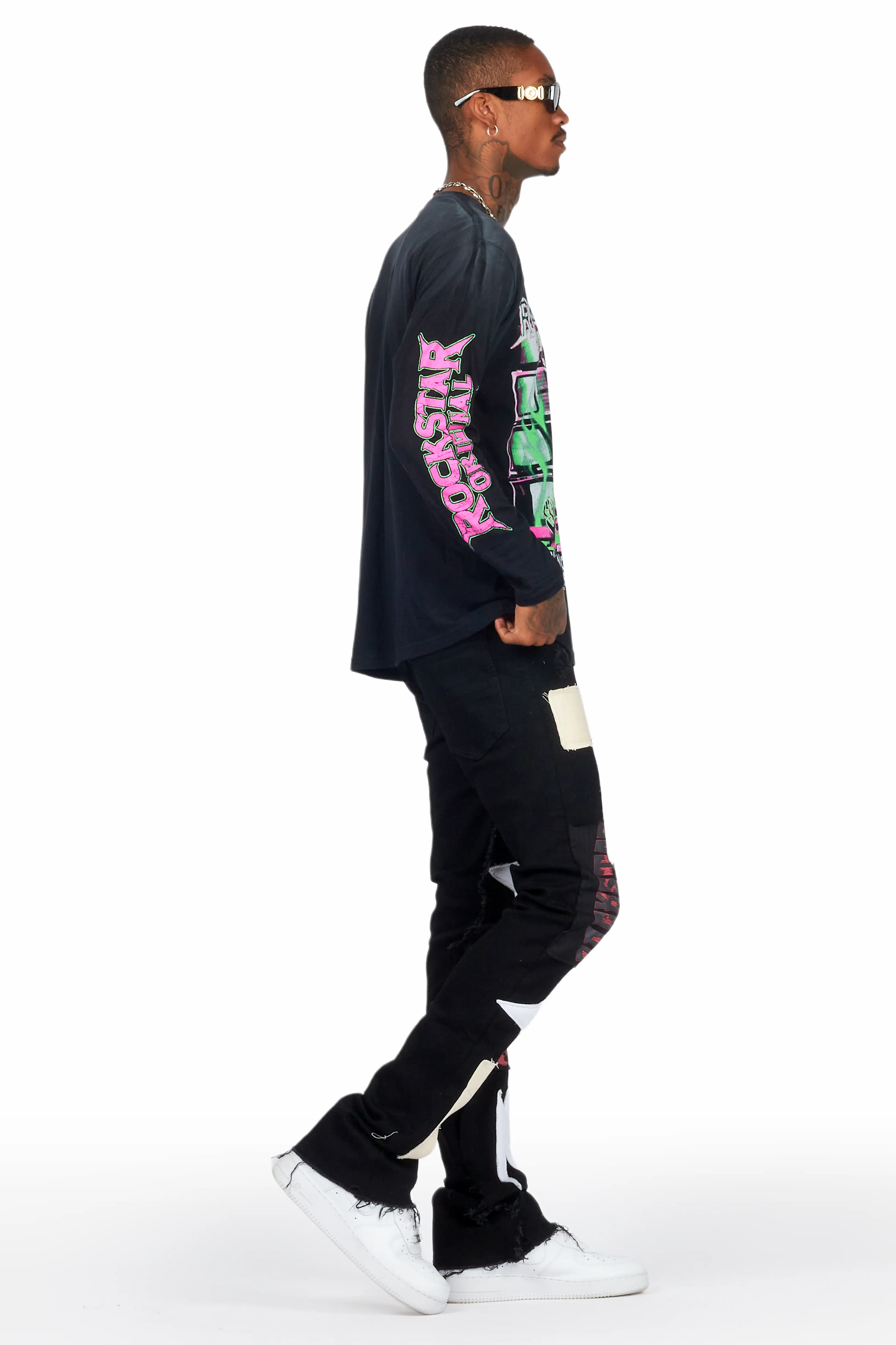 Rhys Black Patchwork Stacked Flare Jean - Image 12