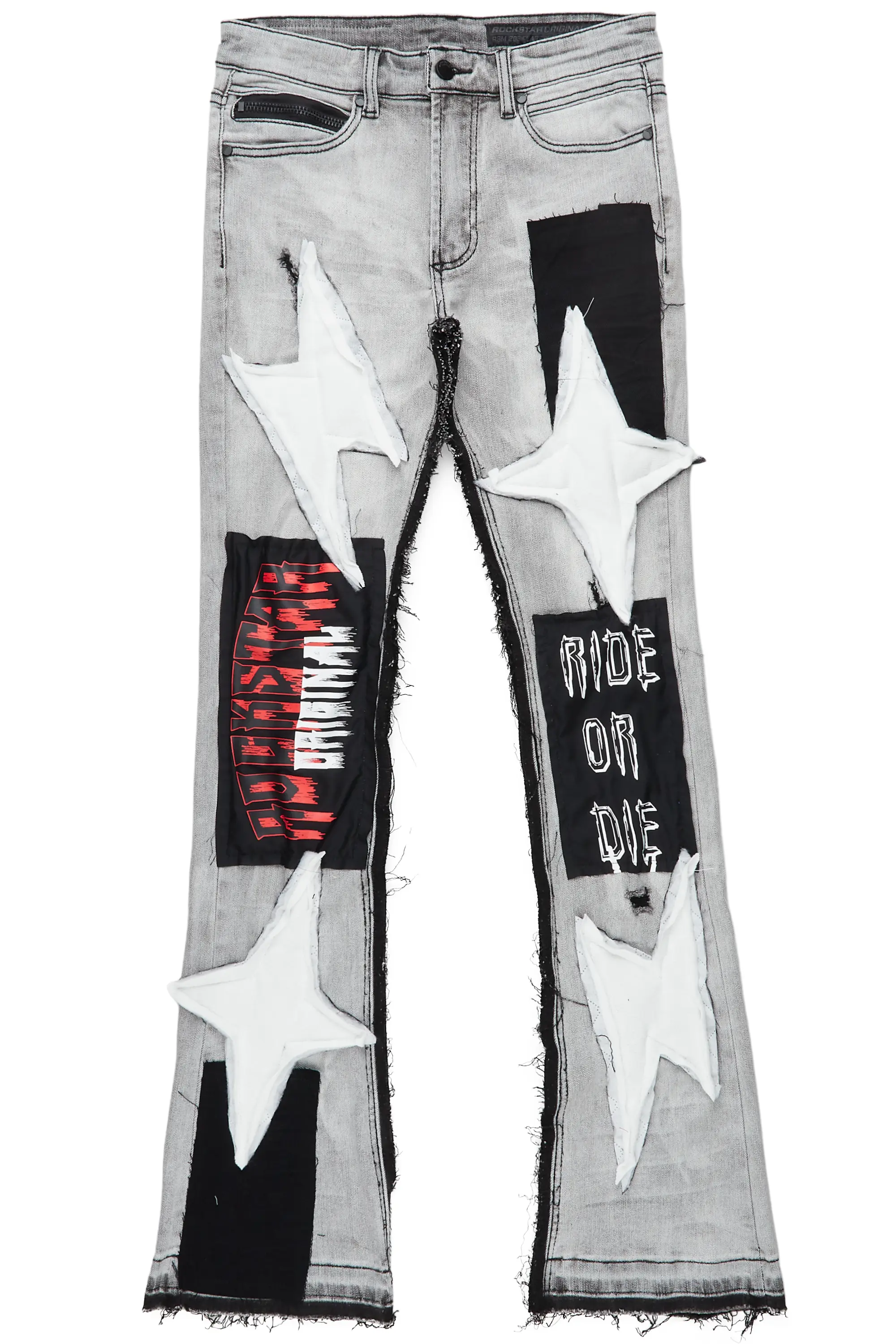 Rhys Light Grey Patchwork Stacked Flare Jean - Image 2