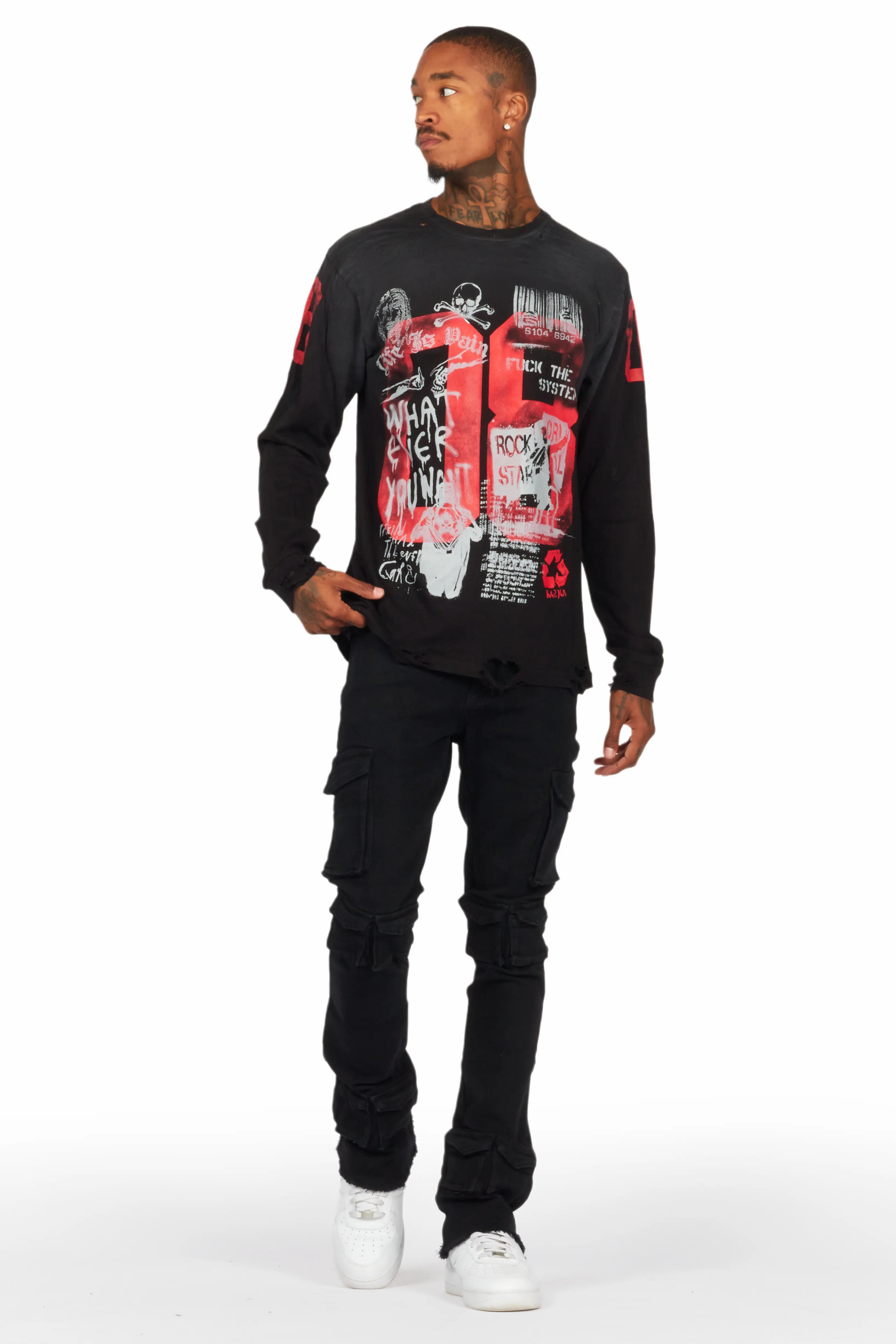 Feodor Black Stacked Flare Cargo Jean - Image 3