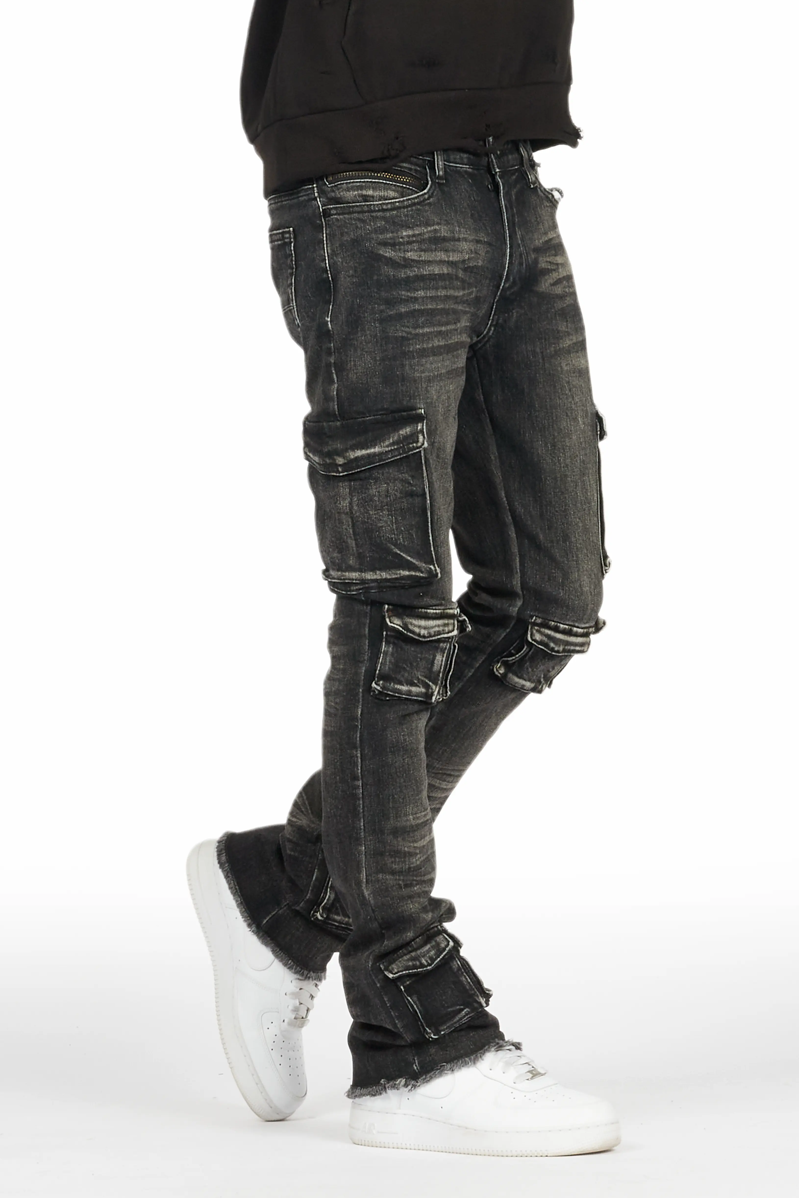 Feodor Dark Grey Stacked Flare Cargo Jean