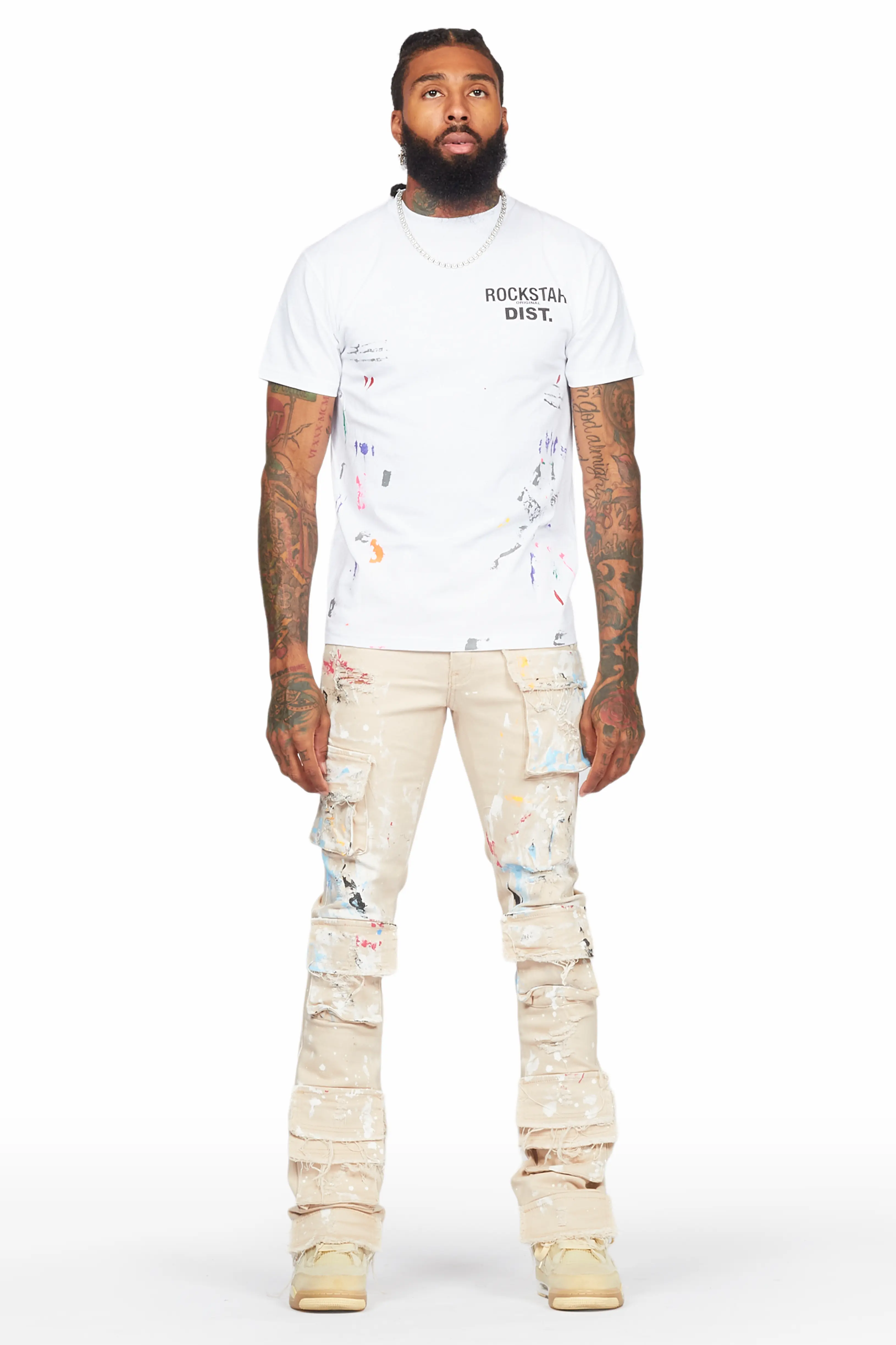 Orien Beige Painter Stacked Flare Jean - Image 3