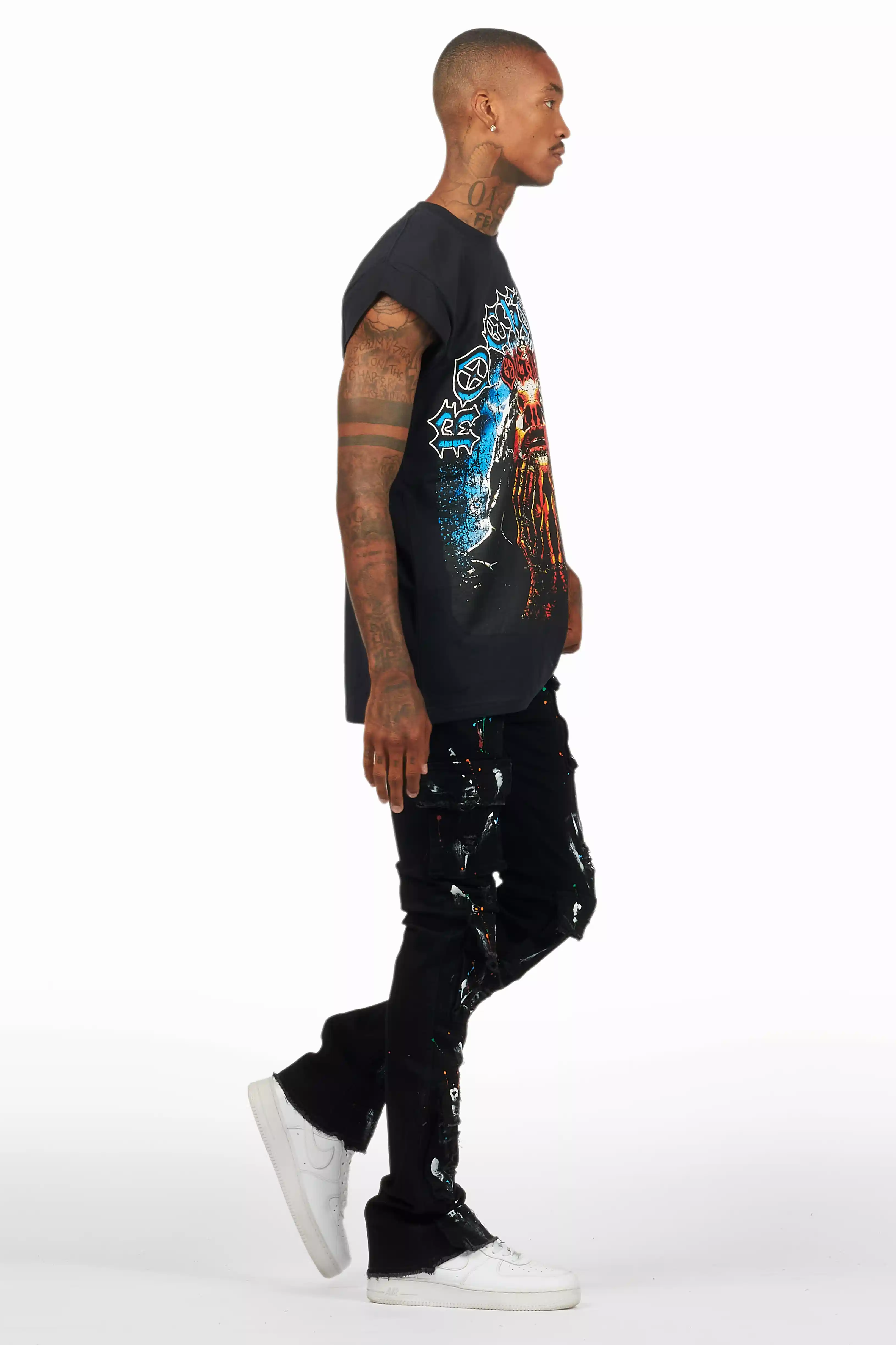 Orien Jet Black Painter Stacked Flare Jean - Image 4