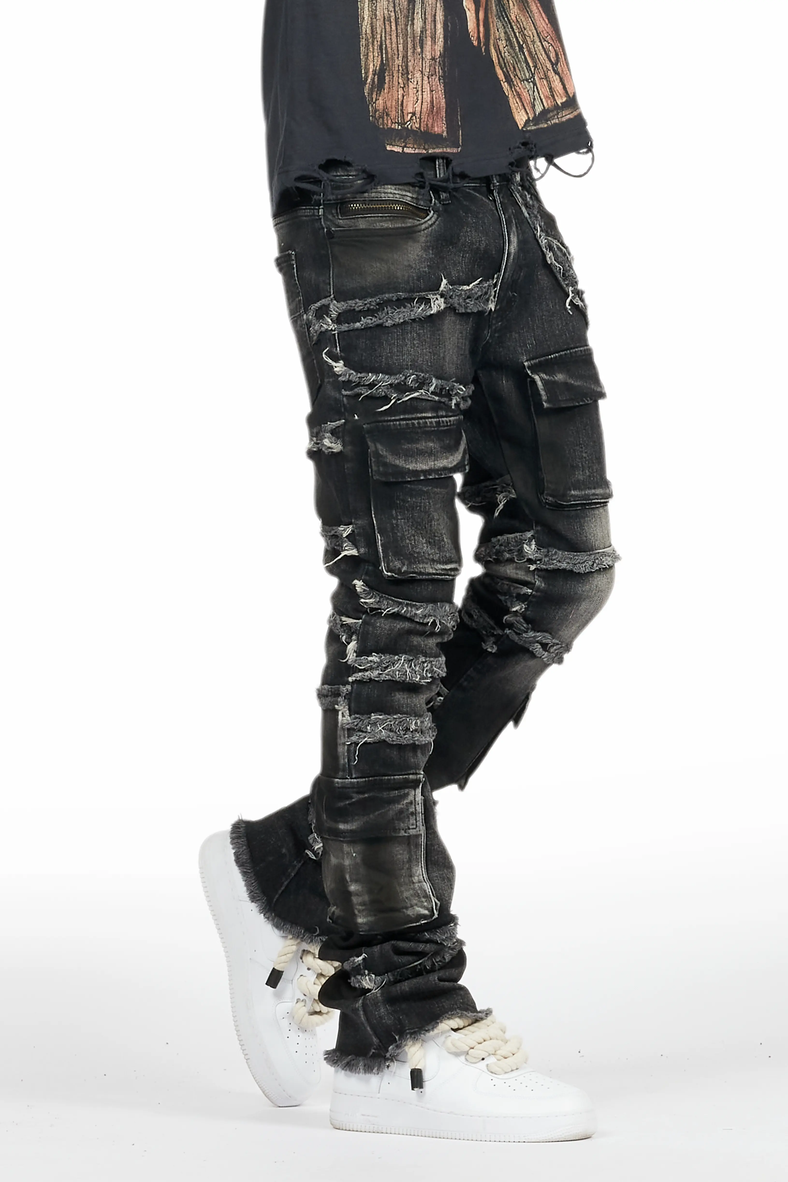 Yves Black Stacked Flare Cargo Jean - Image 10