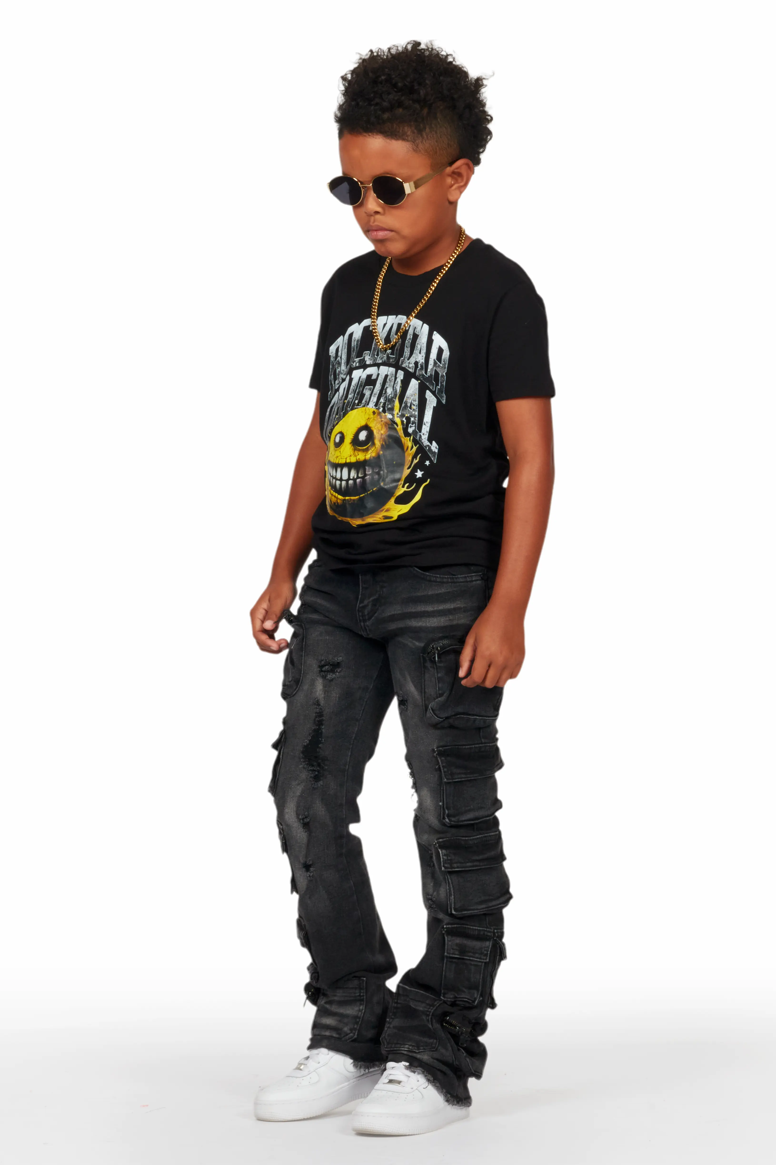 Boys Konrad Grey Wash Cargo Stacked Flare Jean - Image 4
