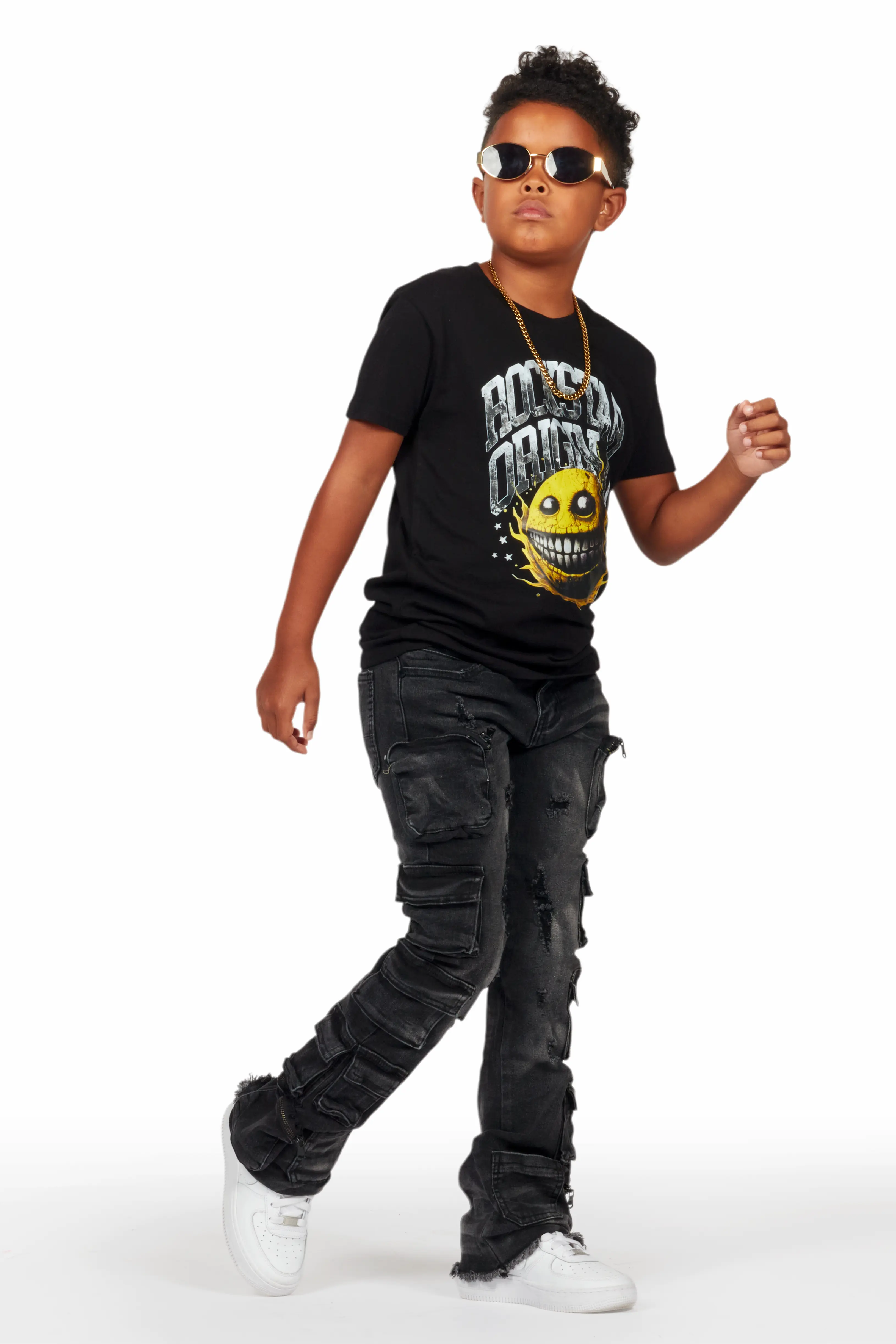 Boys Konrad Grey Wash Cargo Stacked Flare Jean - Image 6