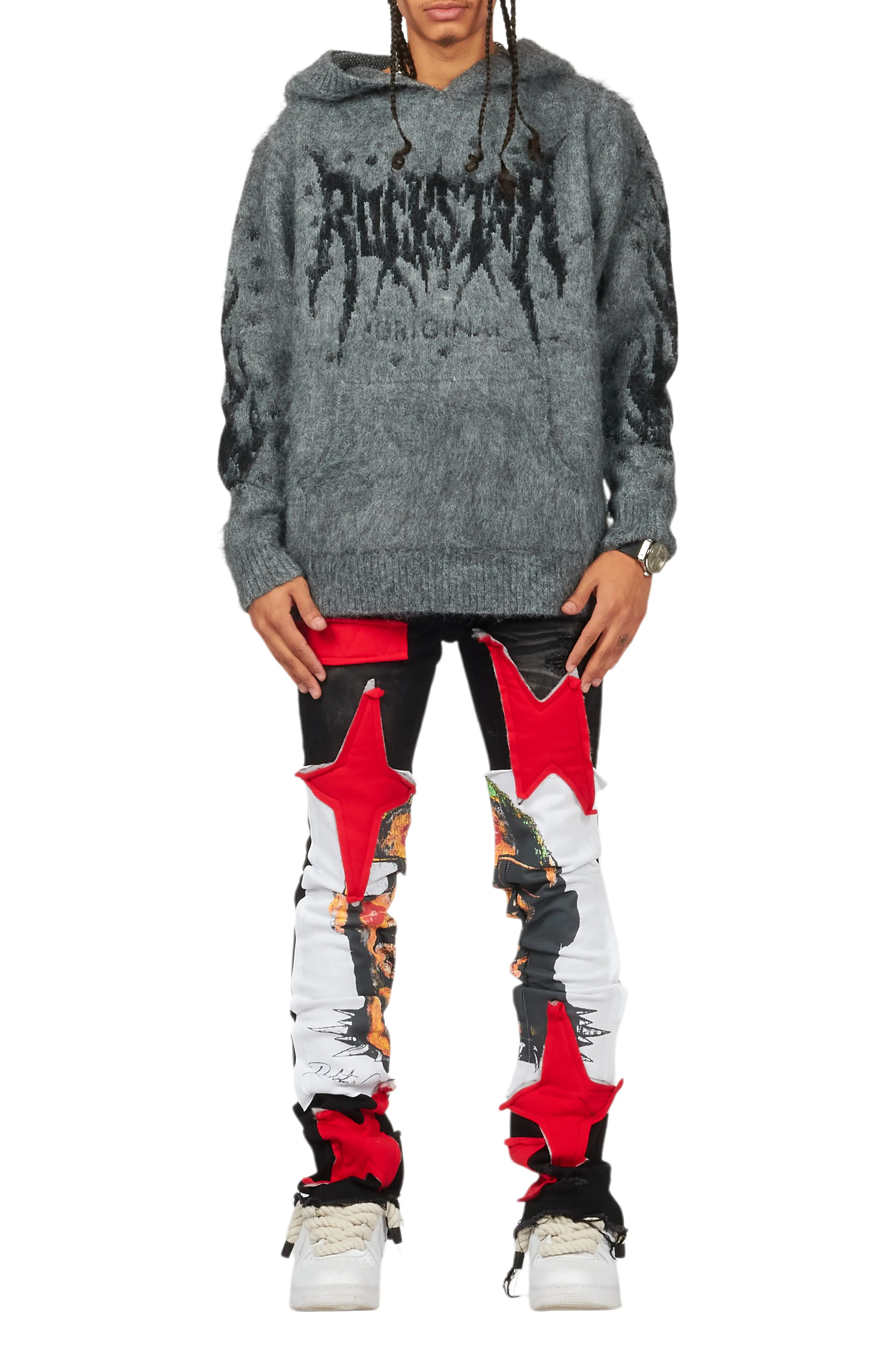 Savage Black/Red Patchwork Stacked Flare Jean - Image 12