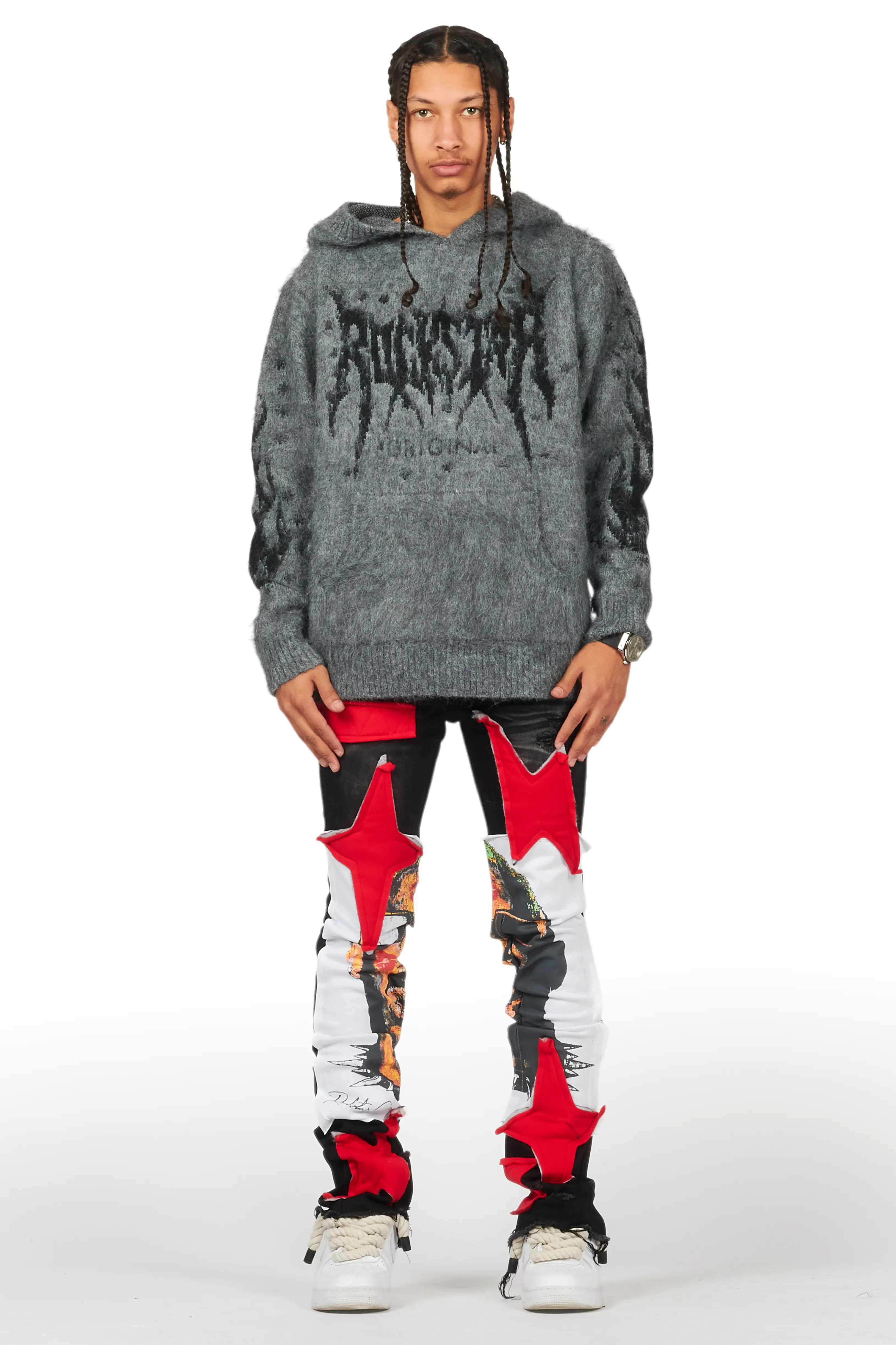 Savage Black/Red Patchwork Stacked Flare Jean - Image 3