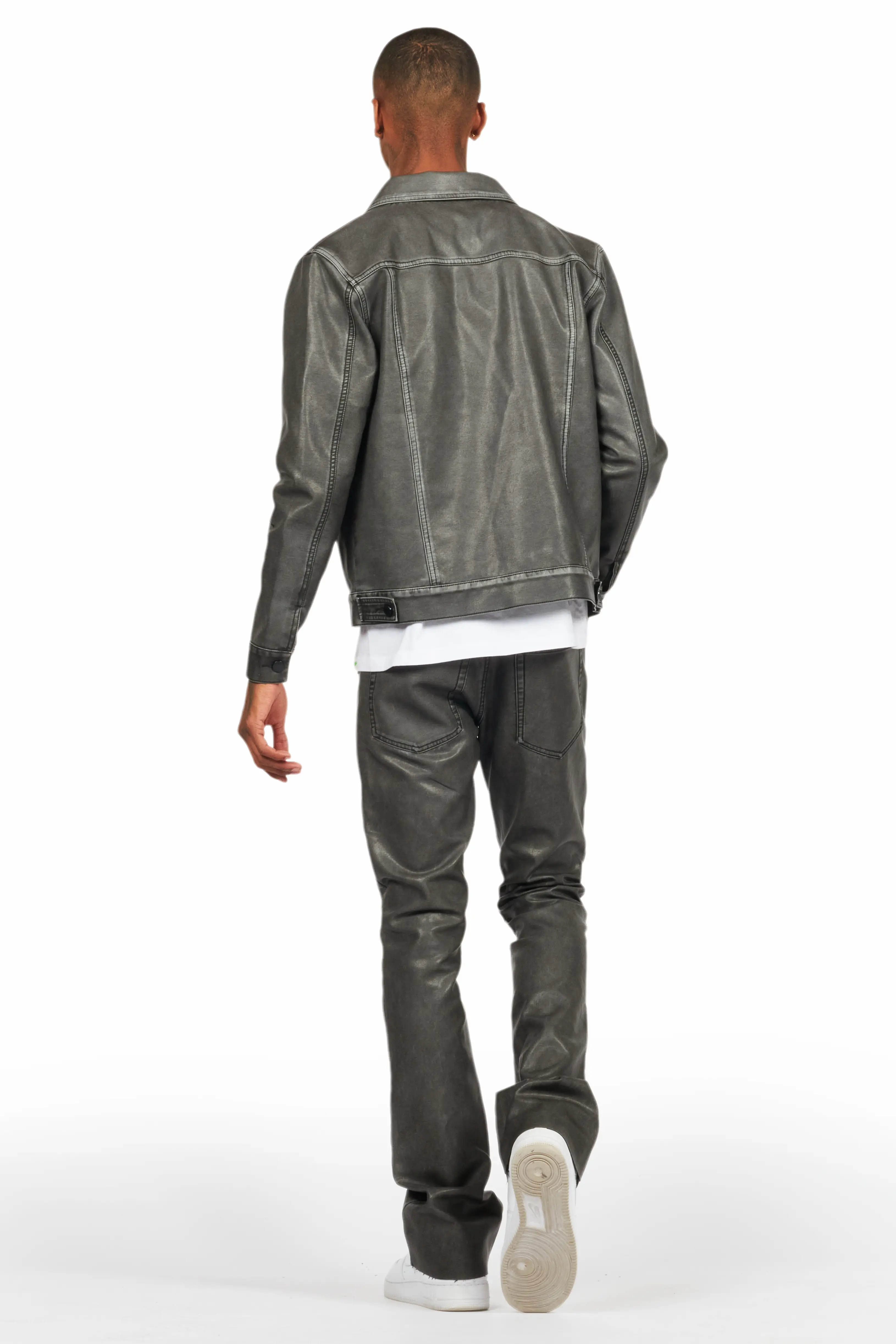 Deco Black Distressed PU Stacked Flare Jean - Image 6