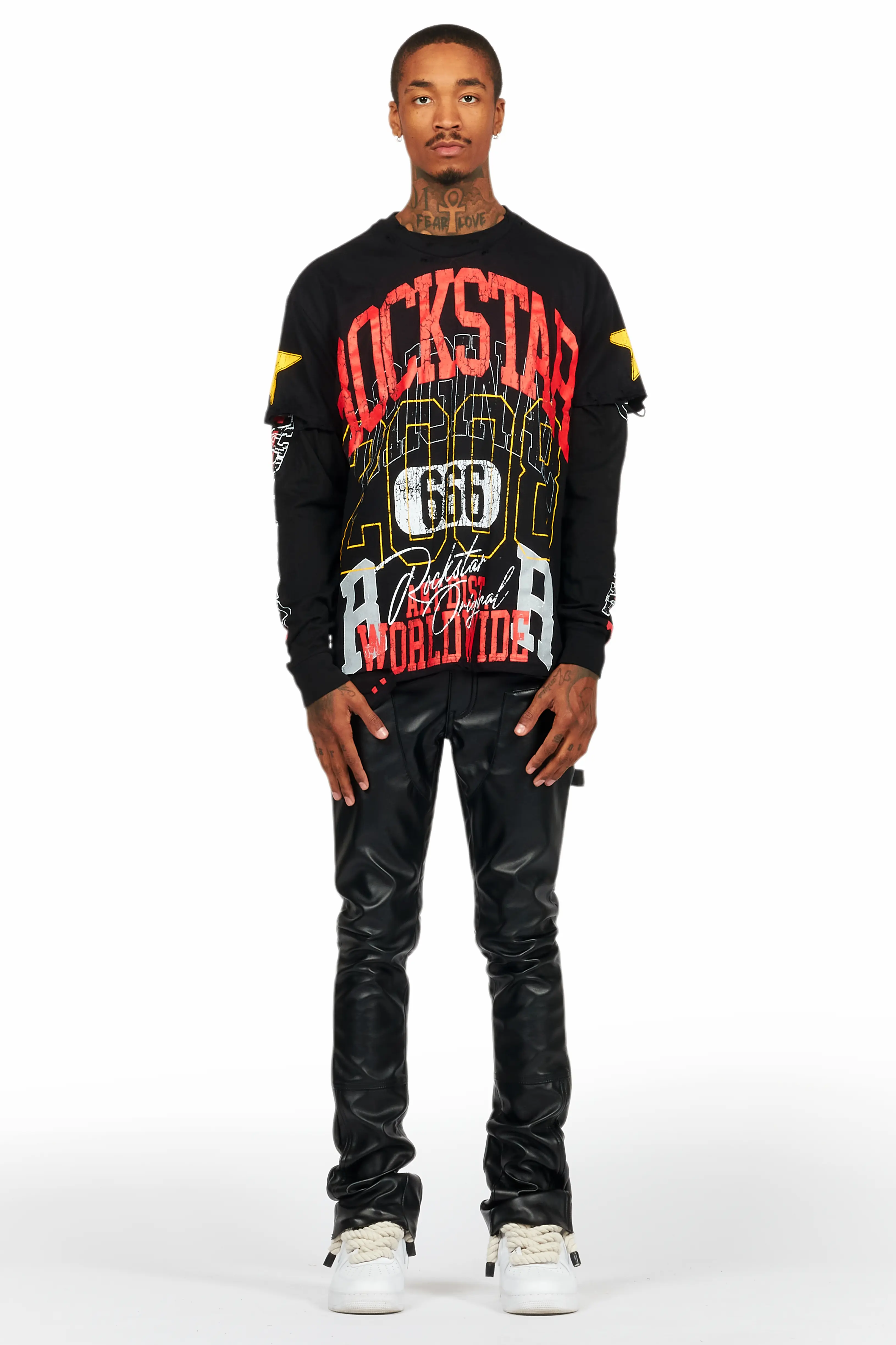 Quatz Black Leather Stacked Flare Jean - Image 3