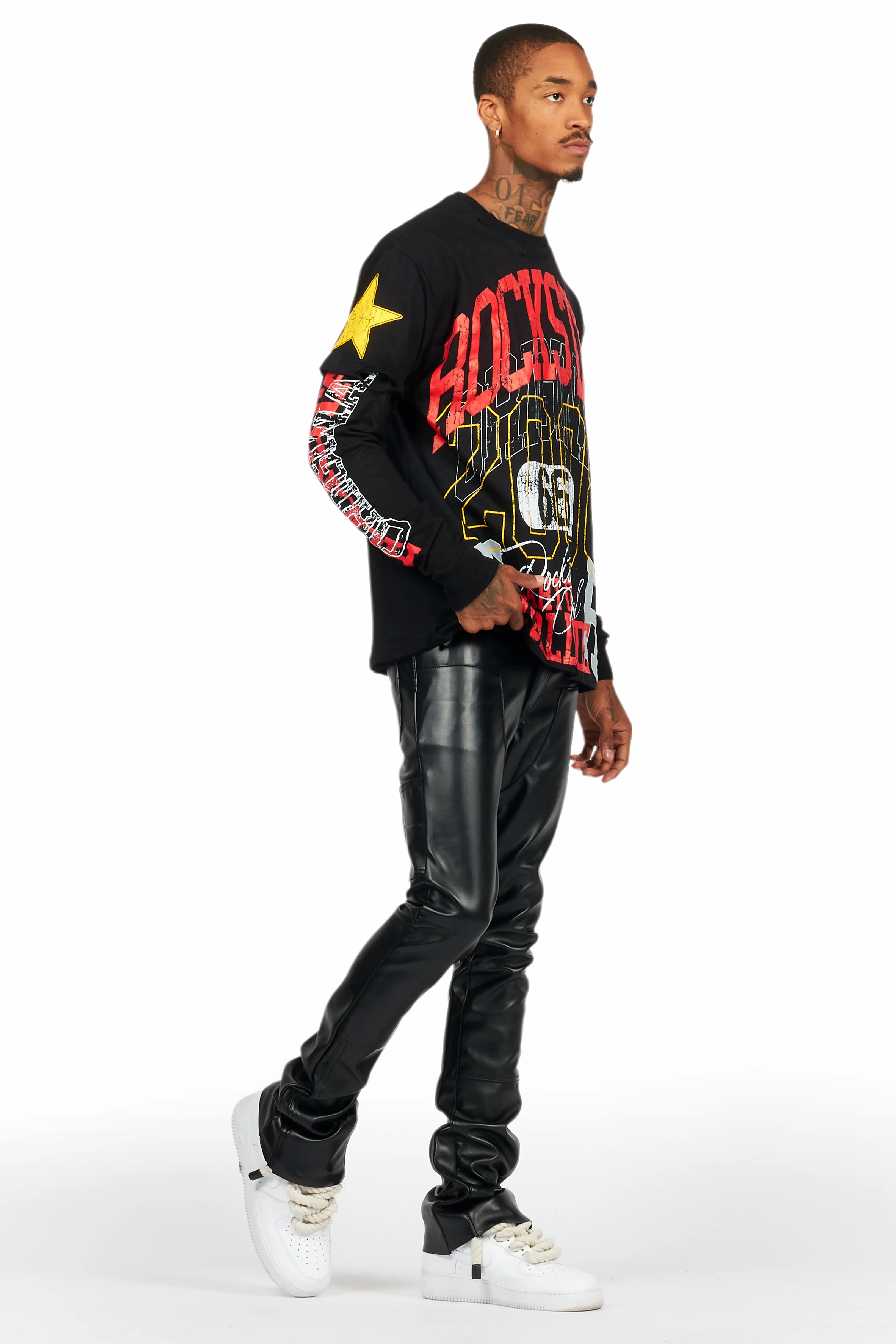 Quatz Black Leather Stacked Flare Jean - Image 7