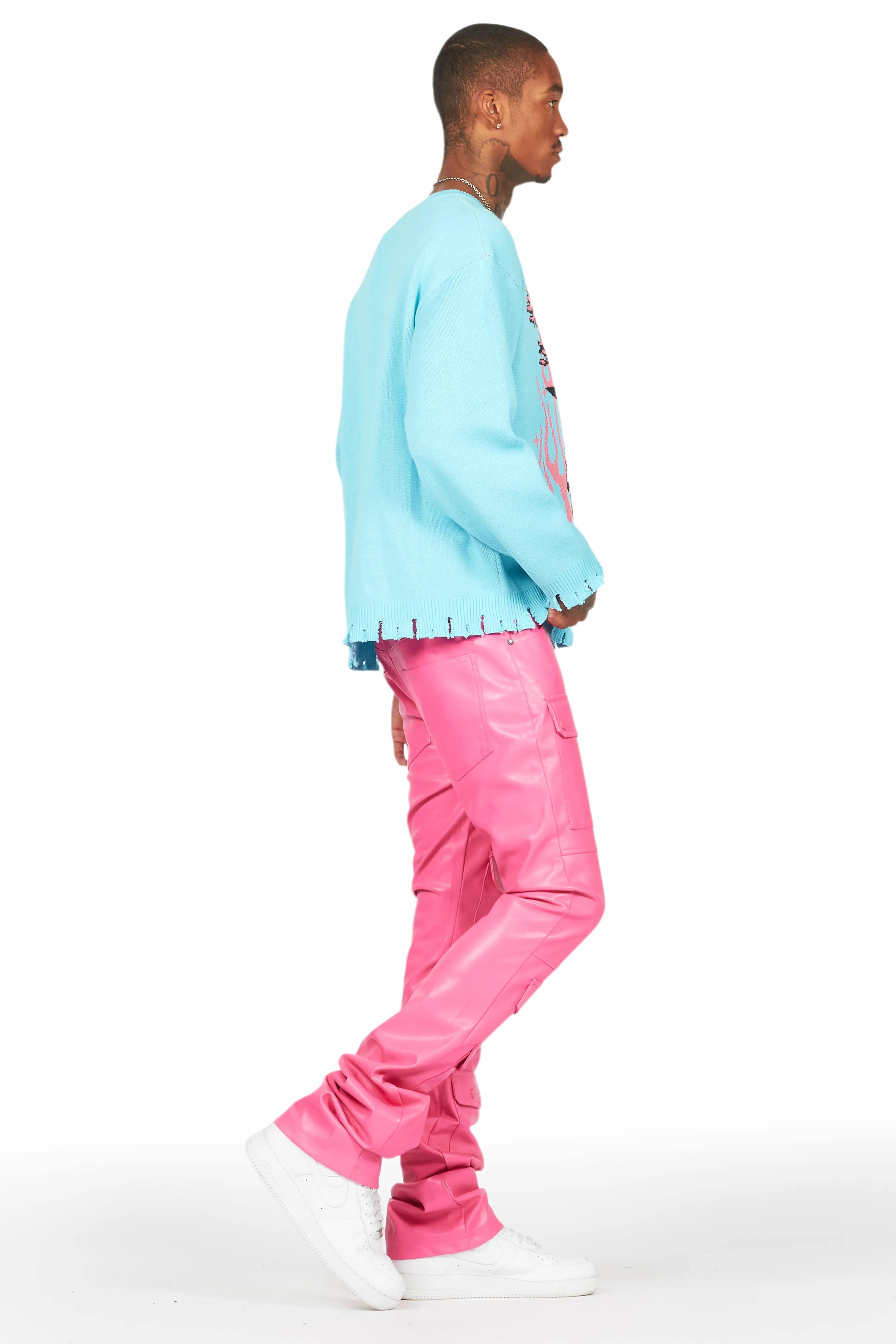 Barossa Hot Pink PU Cargo Stacked Flare Jean - Image 4